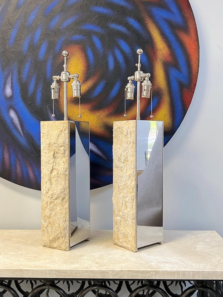 Pair of Stone and Chrome Table Lamps by Laurel Lamp Co. In Good Condition In Miami, FL