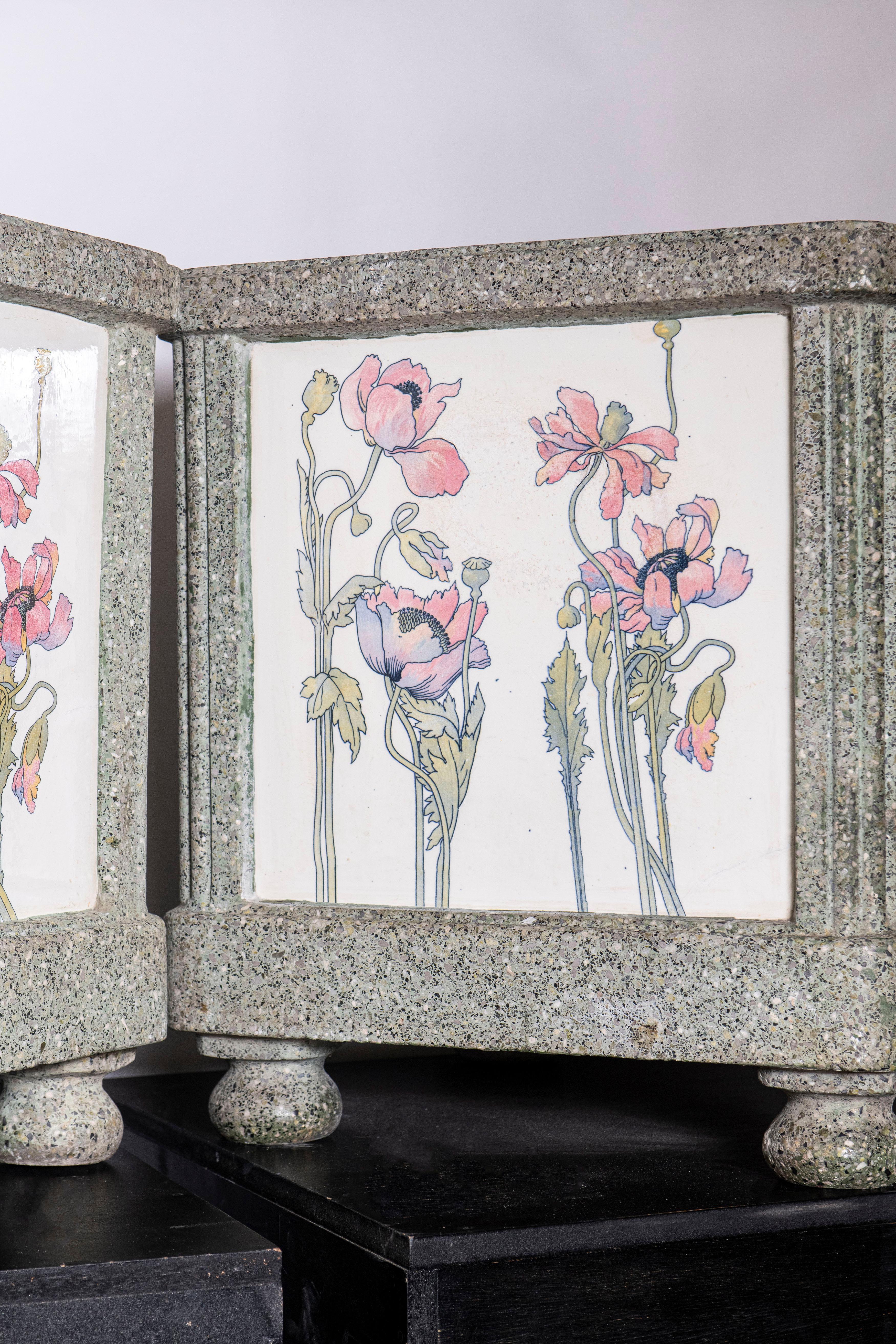 Pair of stone and enameled ceramic planters. France, early 20th century.