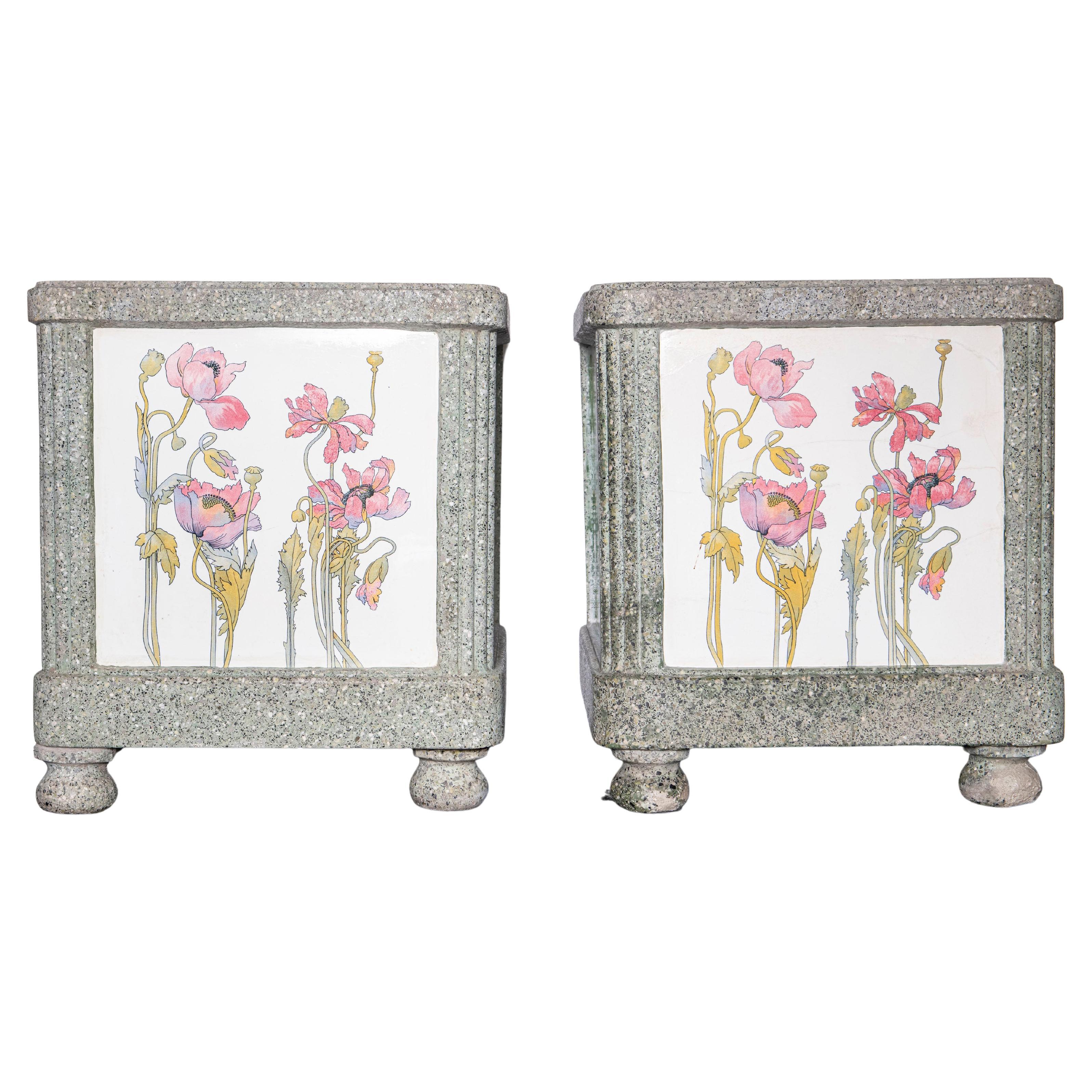 Pair of Stone and Enameled Ceramic Planters, France, Early 20th Century For Sale