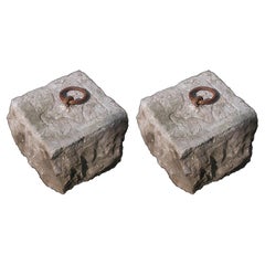 Pair of Stone Ashlars, Stones with Rings for Tying Up Horses and Donkeys, 20th C