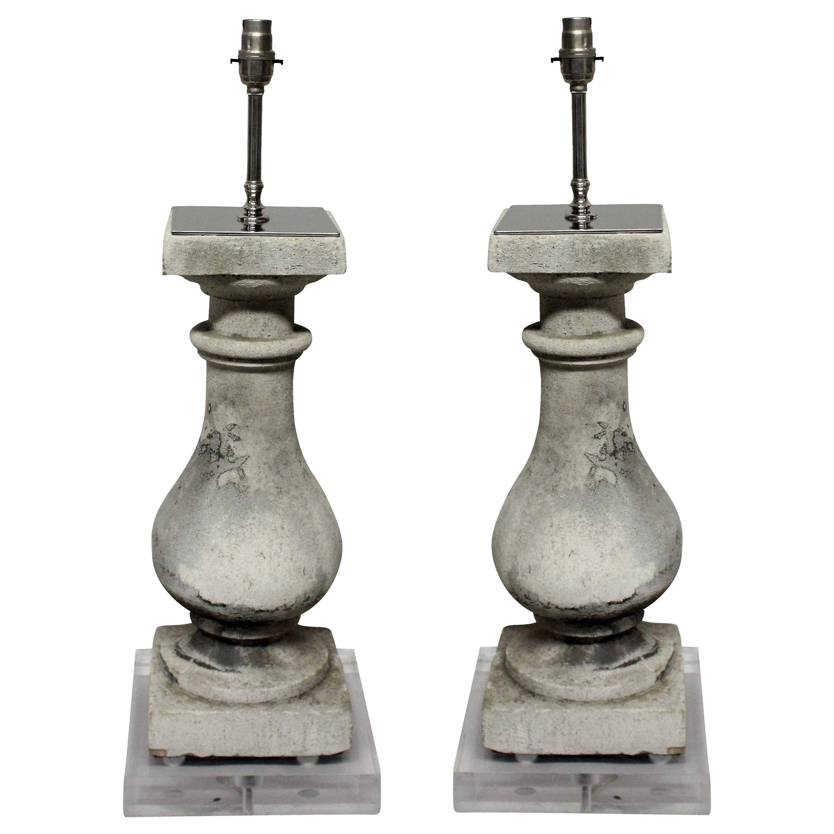 Pair of Stone Balustrade Lamps on Perspex Bases