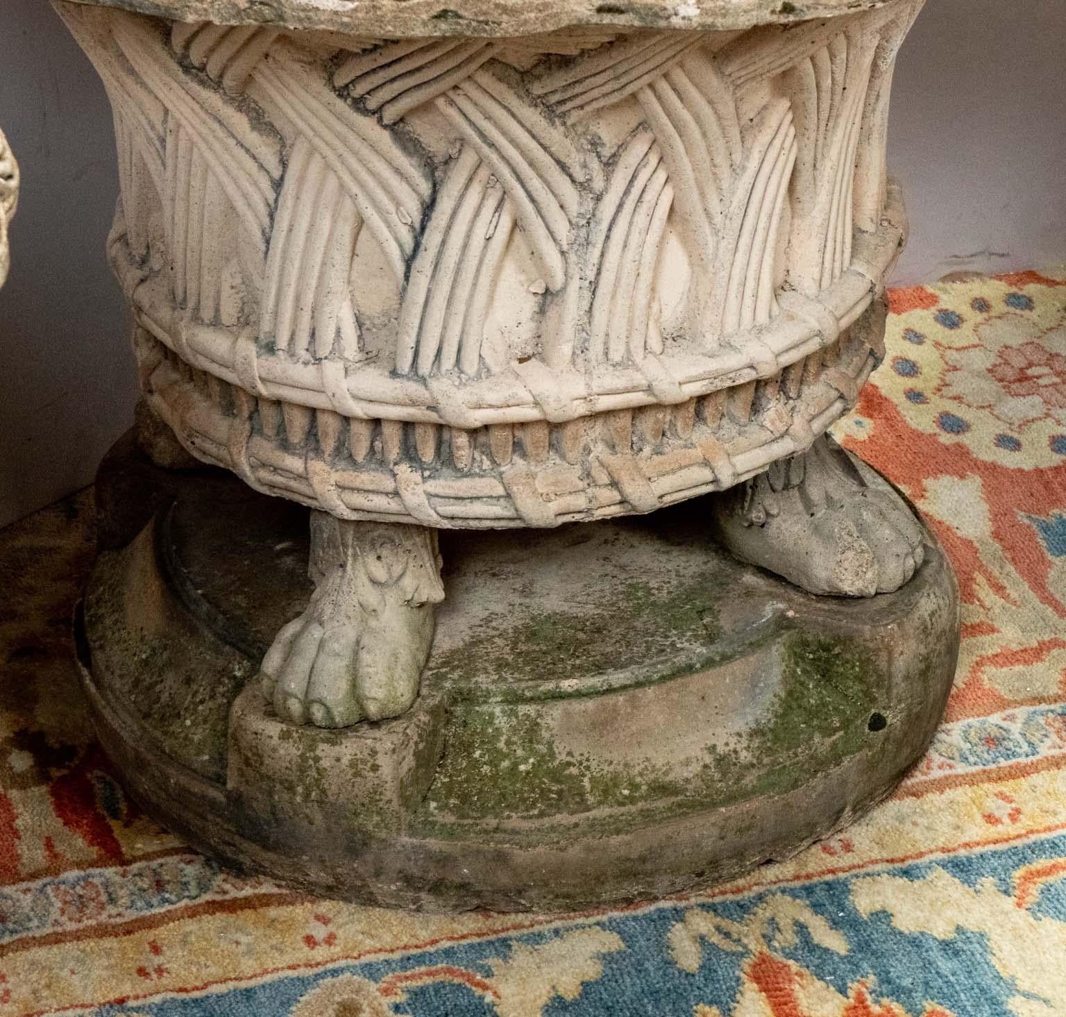 French Pair of Stone Basket Weave Planters on Lions Feet For Sale