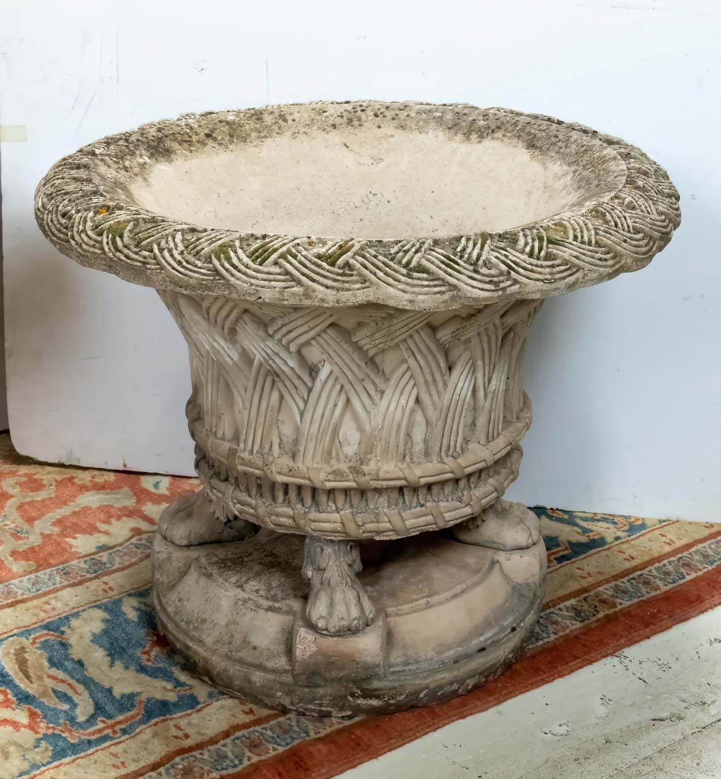20th Century Pair of Stone Basket Weave Planters on Lions Feet For Sale