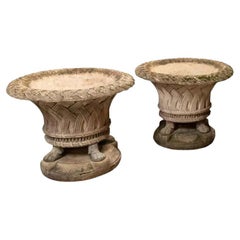 Pair of Stone Basket Weave Planters on Lions Feet