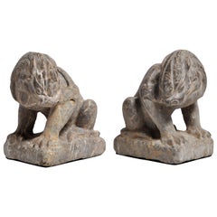 Pair of Stone Carved Lions on Pedestal