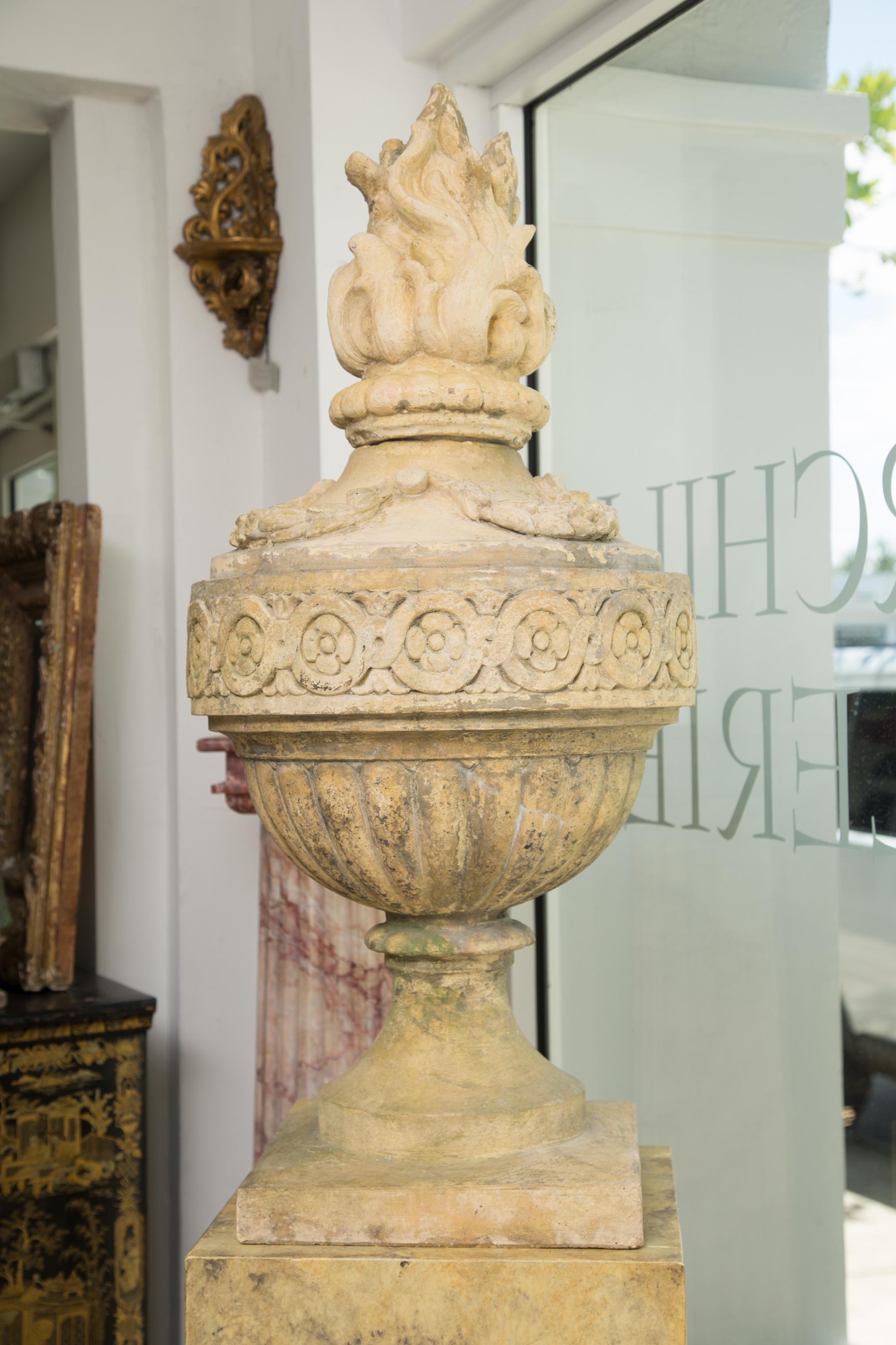 Pair of Stone Cast English Urns on Faux Marble Pedestals 3
