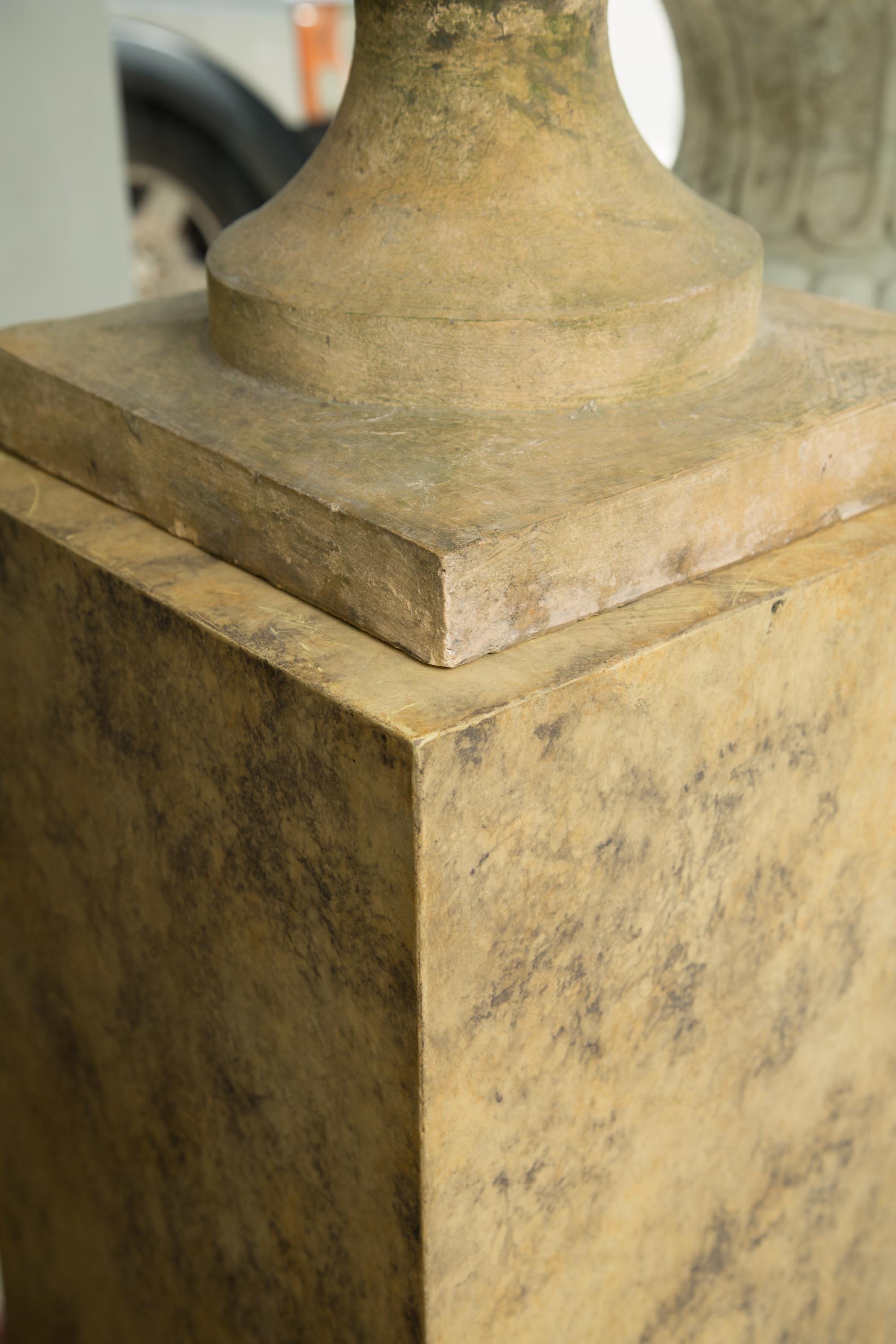 Neoclassical Pair of Stone Cast English Urns on Faux Marble Pedestals