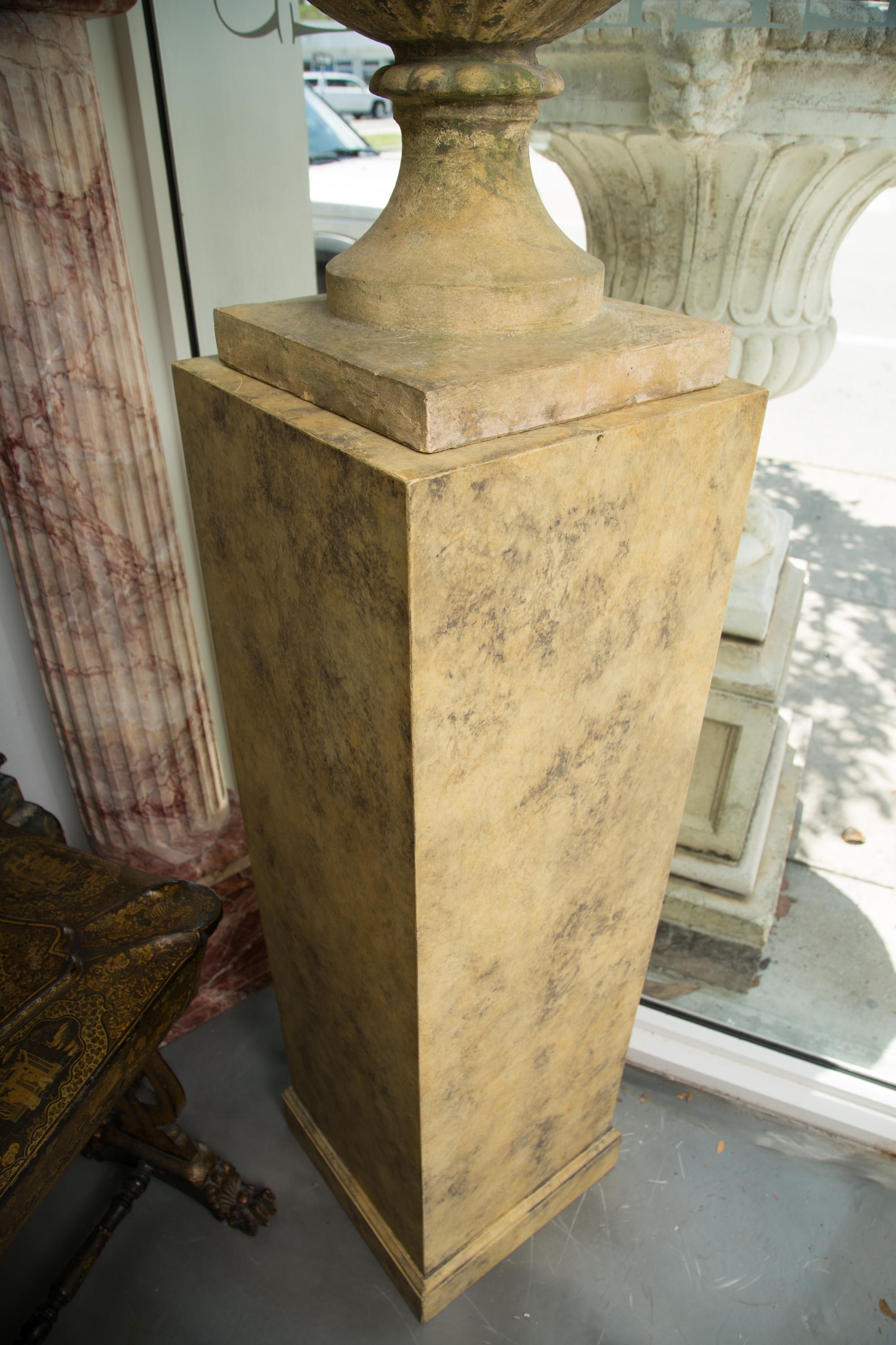 Hand-Crafted Pair of Stone Cast English Urns on Faux Marble Pedestals