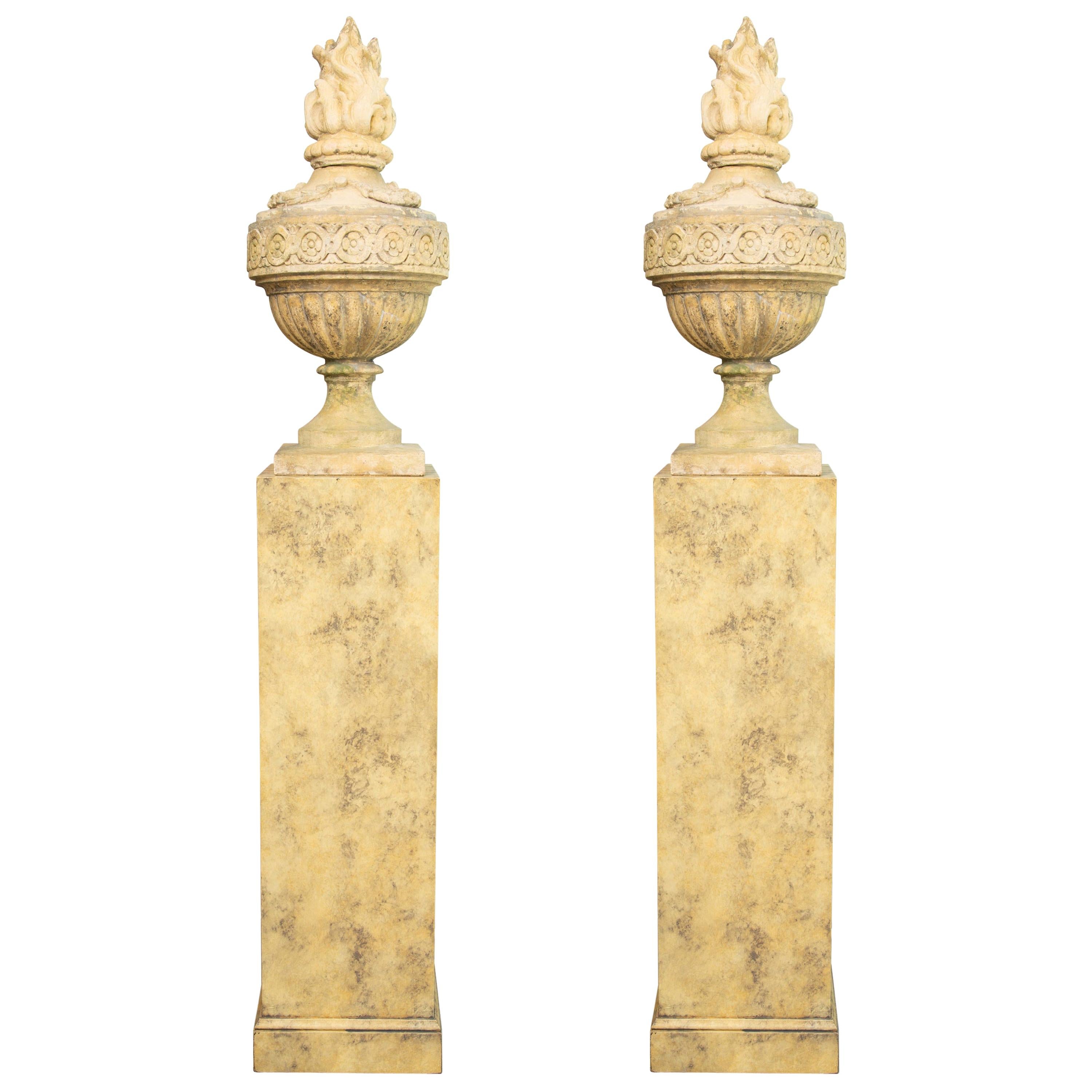Pair of Stone Cast English Urns on Faux Marble Pedestals