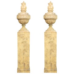 Pair of Stone Cast English Urns on Faux Marble Pedestals