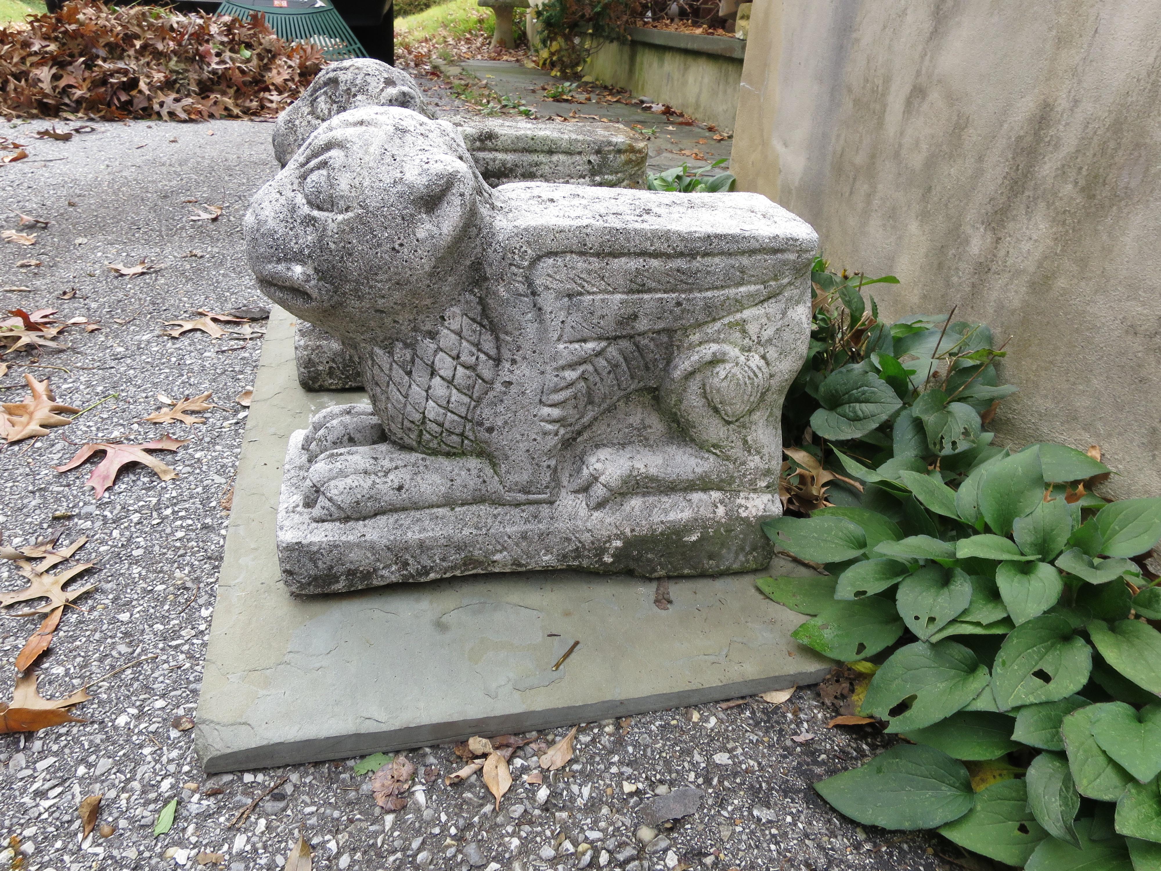 19th Century Pair of Stone Garden Griffins