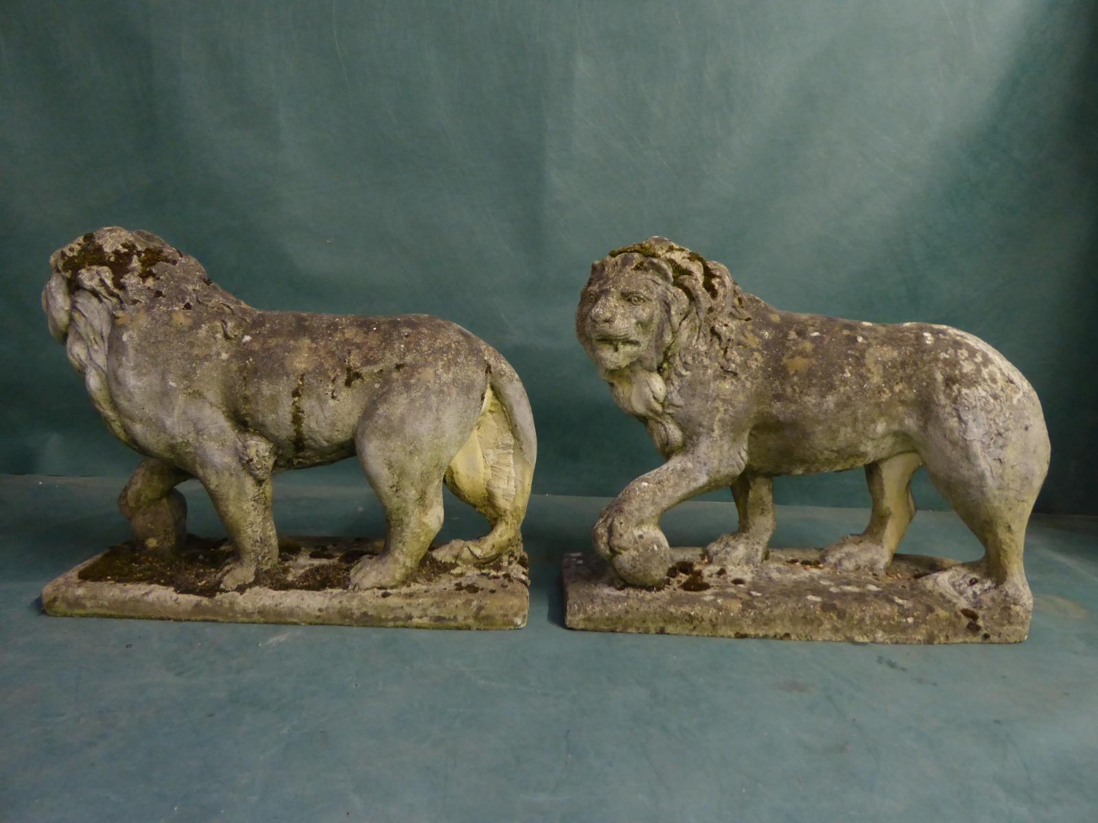 Pair of Stone Garden Lions, circa 1930 In Fair Condition For Sale In Glencarse, Perthshire