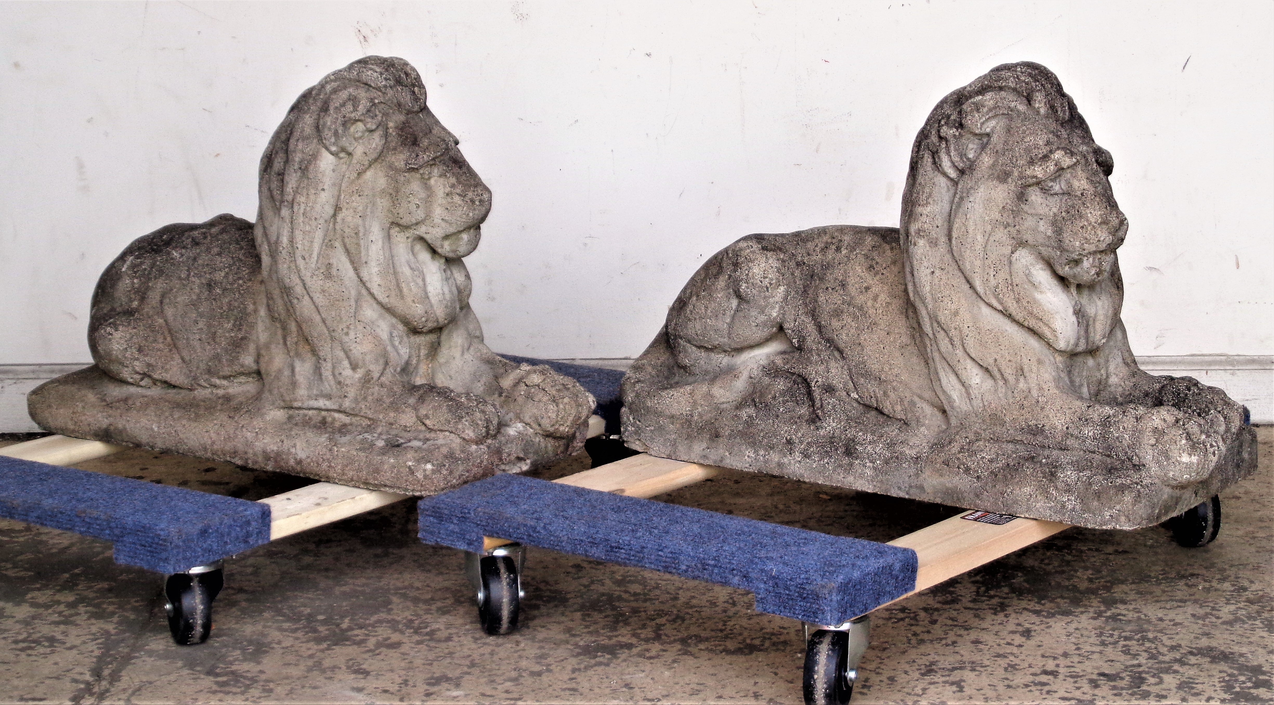 Pair of nicely detailed cast stone recumbent garden lions in beautiful naturally aged weathered surface. Circa 1940. Look at all pictures pictures and read condition report in comment section.