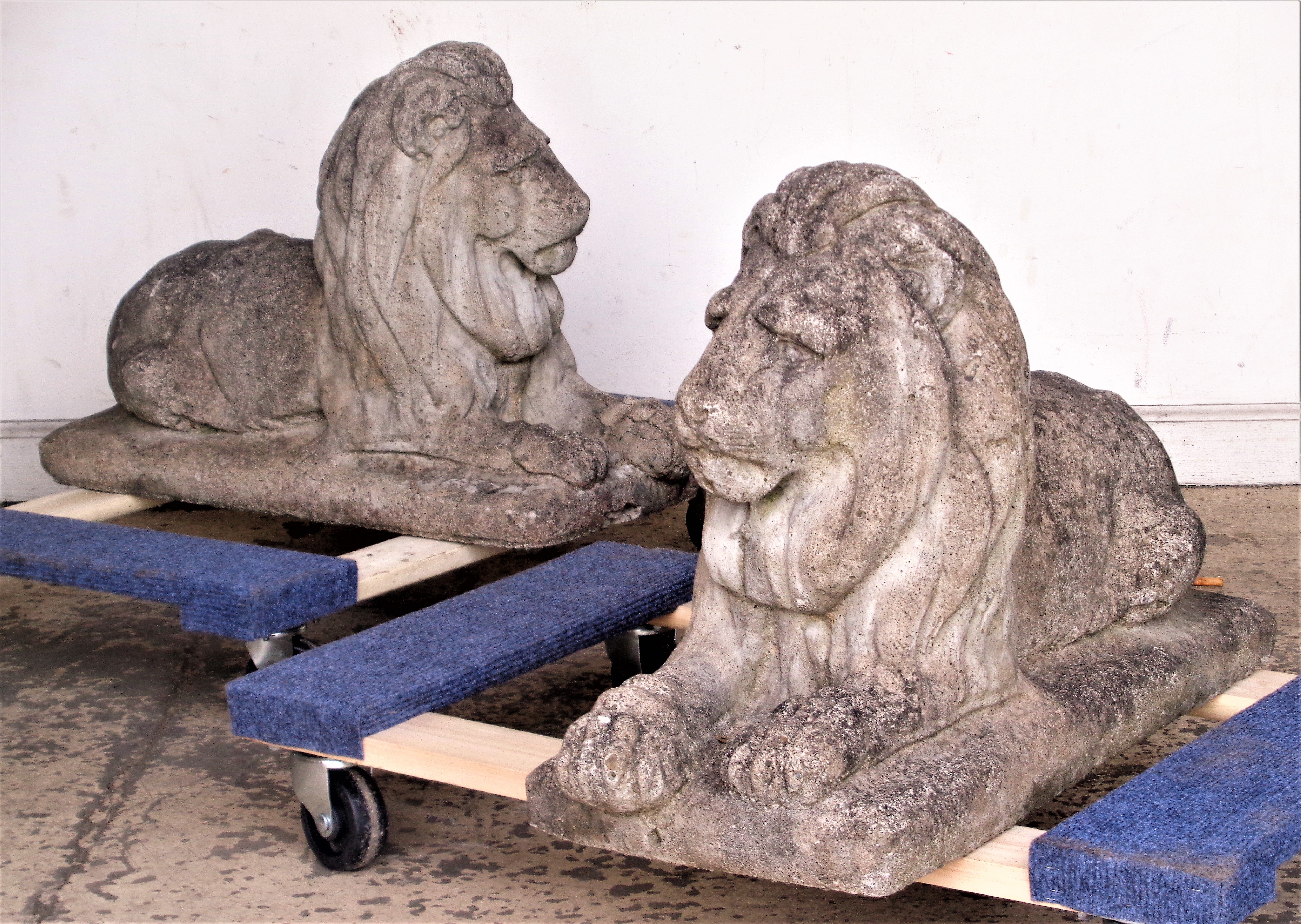 Mid-Century Modern  Weathered Stone Garden Lions, Circa 1940