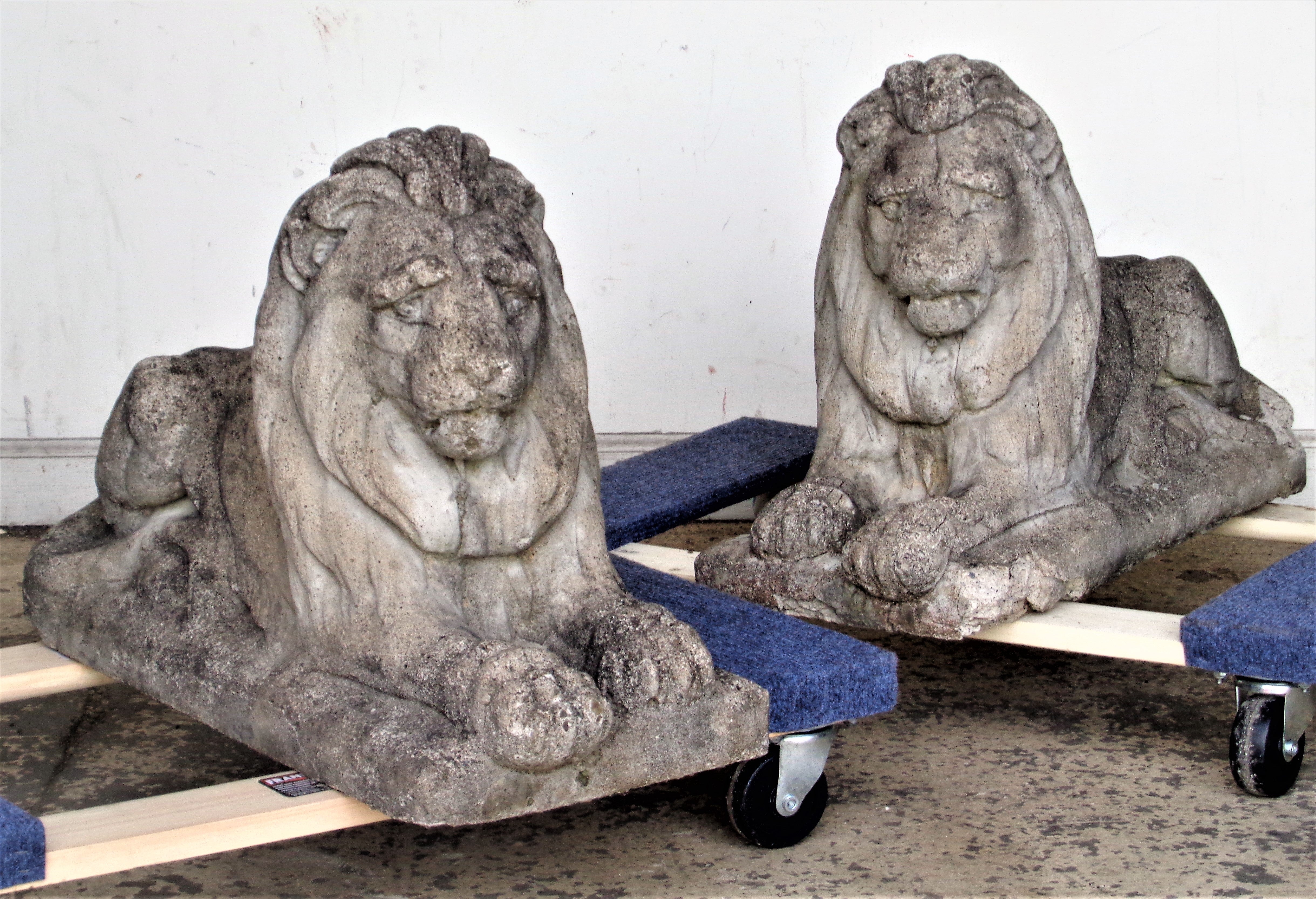  Weathered Stone Garden Lions, Circa 1940 In Fair Condition In Rochester, NY