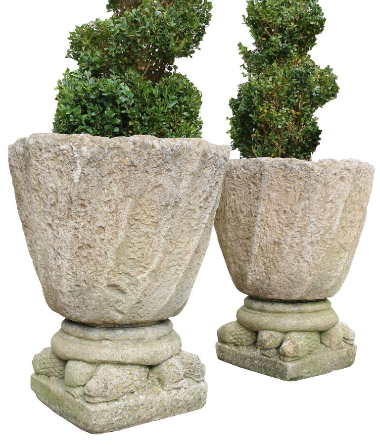 Pair Of Stone Garden Urns or Planters For Sale at 1stdibs