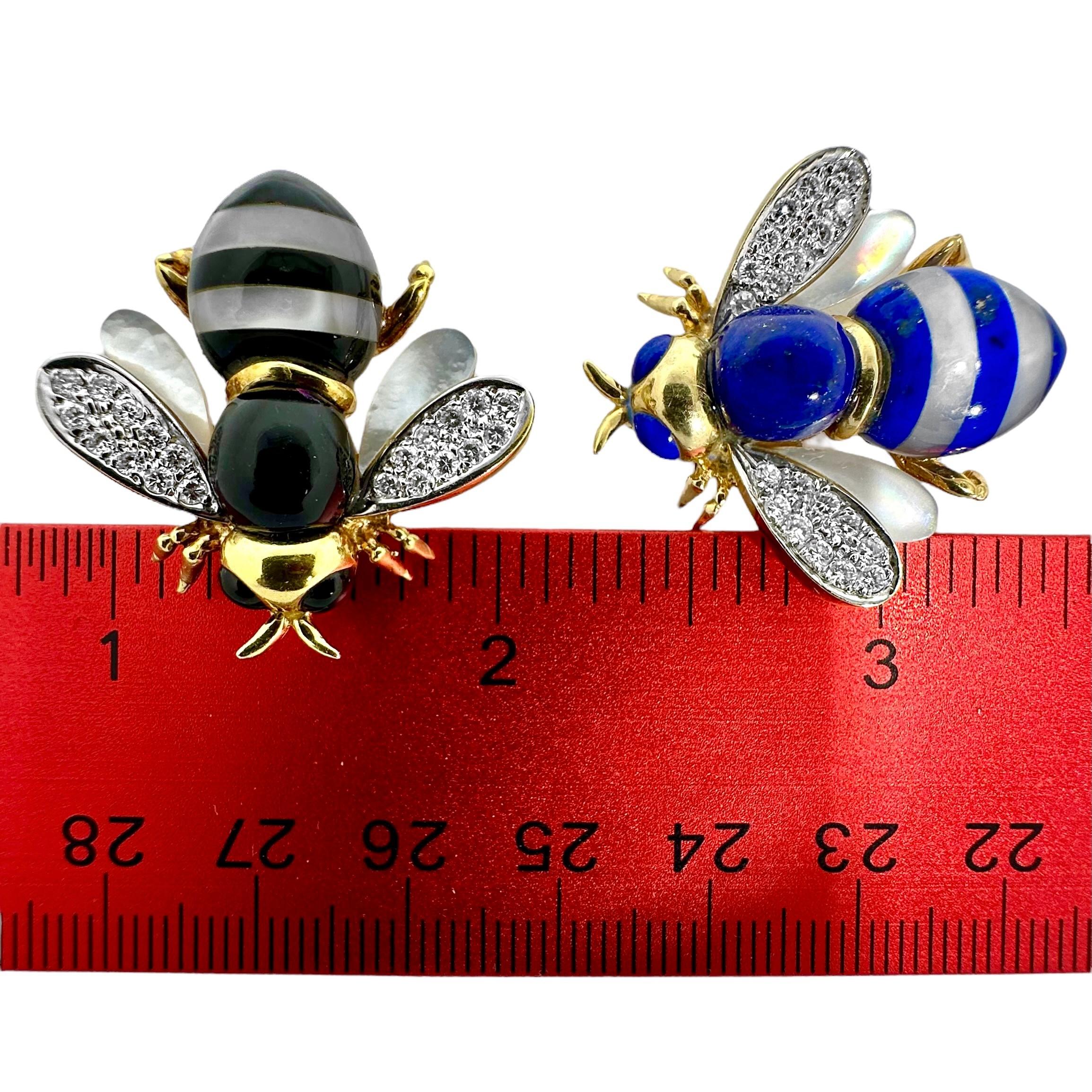Pair of Stone Inlay Bumble Bee Pins in Gold w/ Diamond Wings by Asch Grossbardt For Sale 4