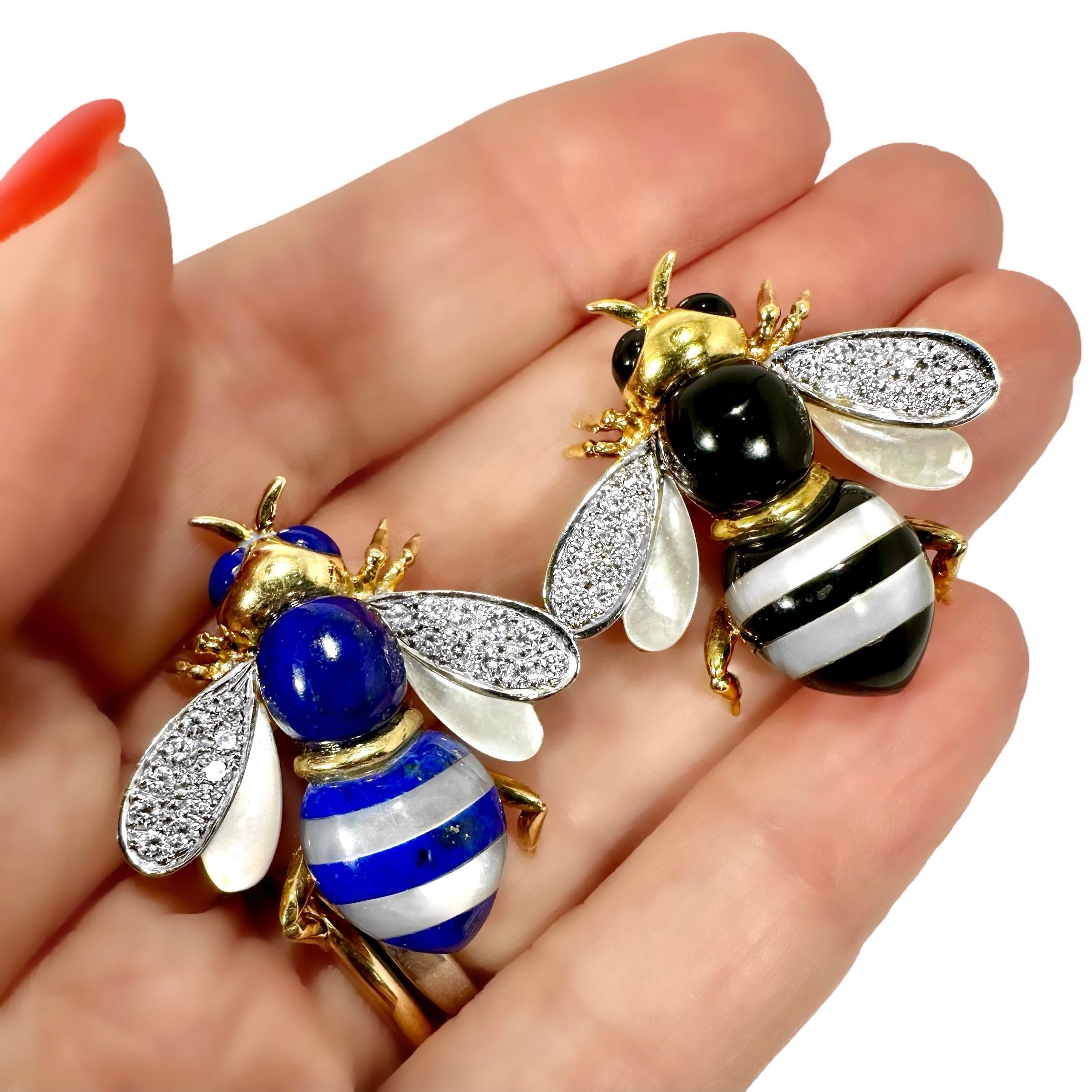 Pair of Stone Inlay Bumble Bee Pins in Gold w/ Diamond Wings by Asch Grossbardt For Sale 5