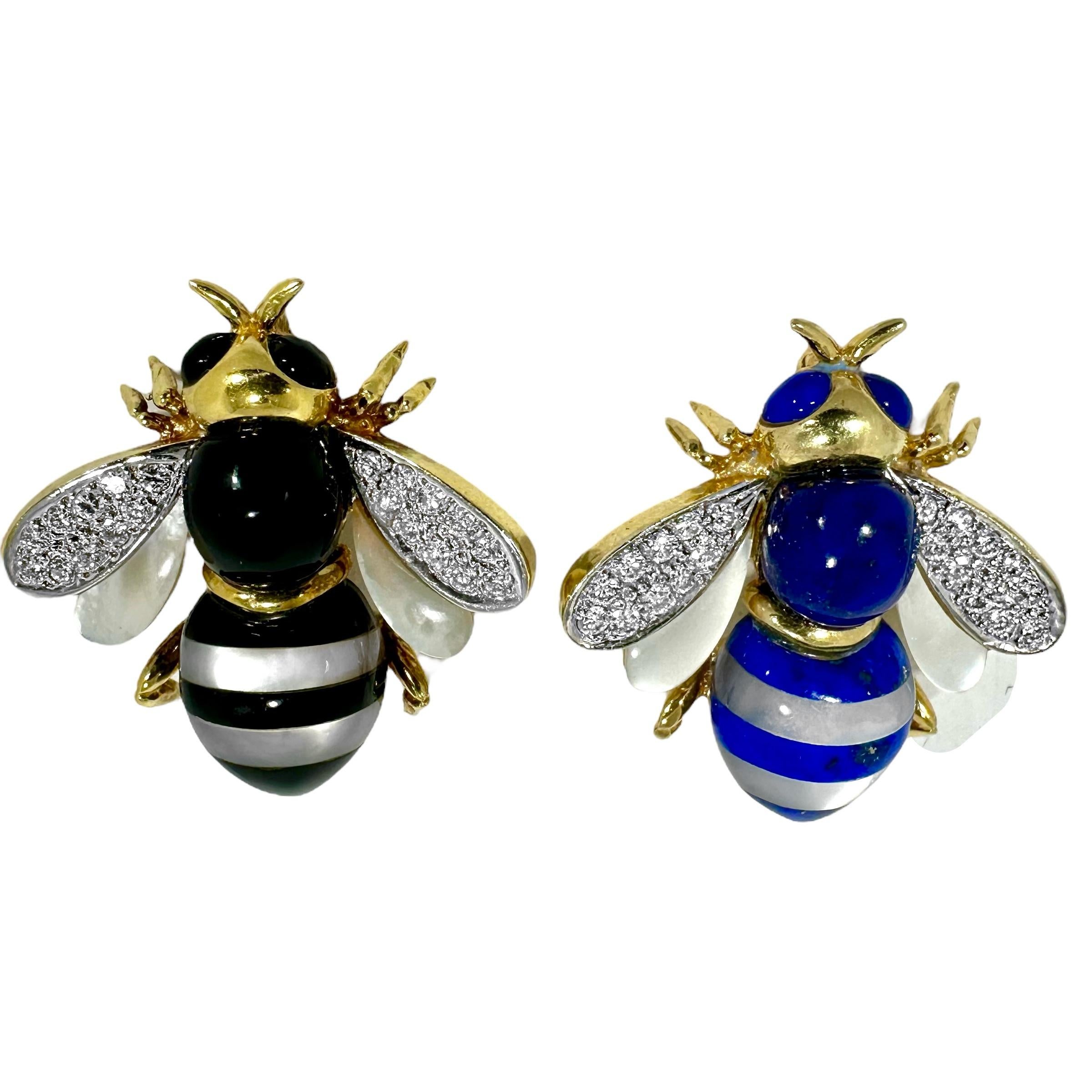 This delightful pair of Bumble Bee brooches were crafted by highly regarded designing jeweler, Asch Grossbardt. The specialty of this particular firm is intricate hard stone inlay, which is on prominent display here. Vivid Lapis-Lazuli, black onyx