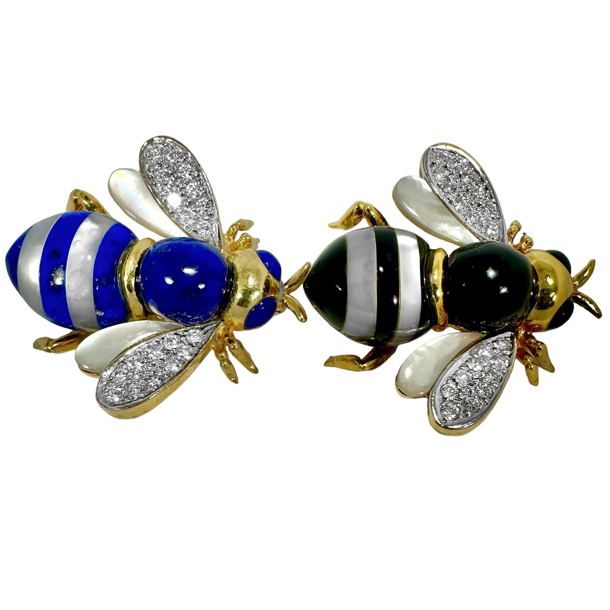 Brilliant Cut Pair of Stone Inlay Bumble Bee Pins in Gold w/ Diamond Wings by Asch Grossbardt For Sale