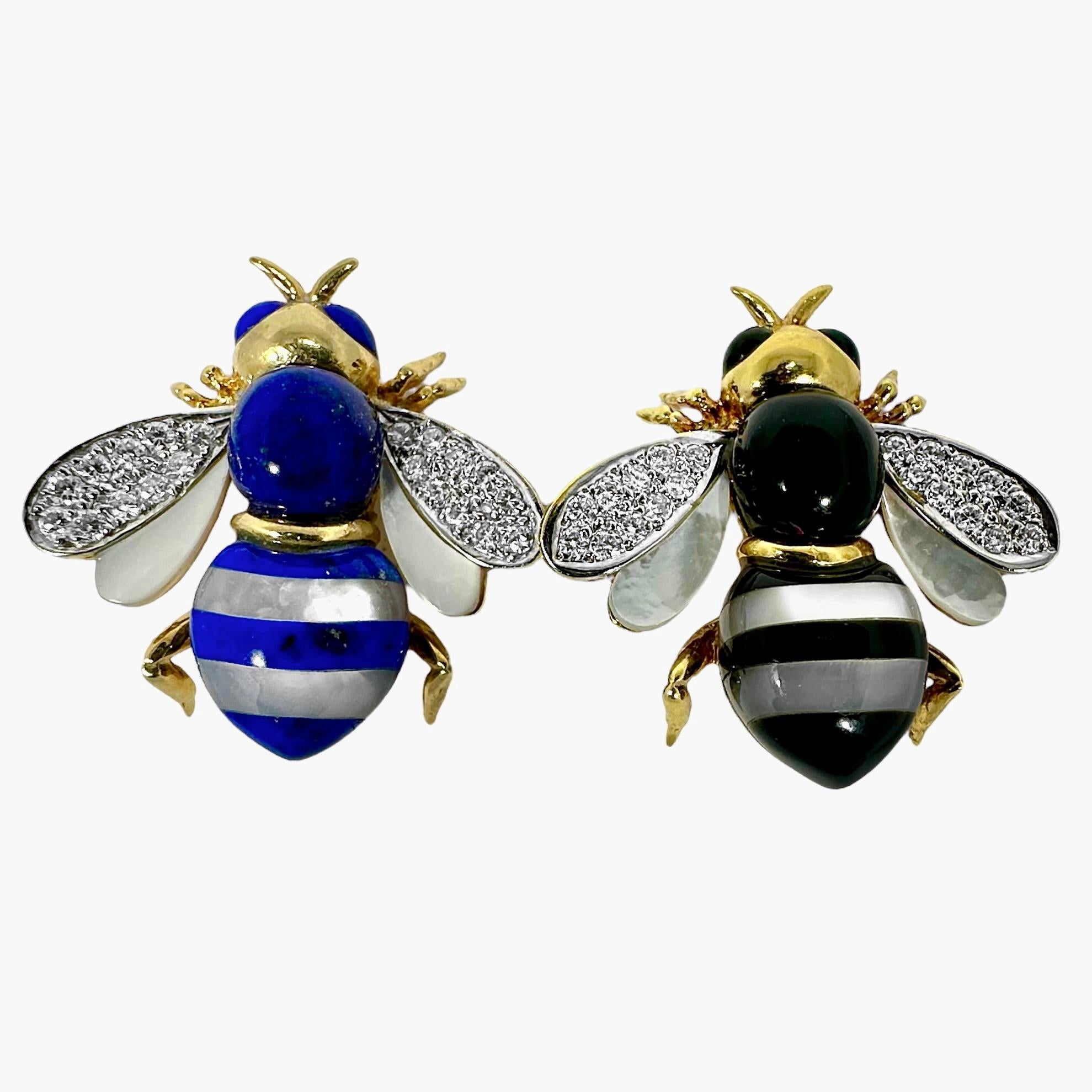 Pair of Stone Inlay Bumble Bee Pins in Gold w/ Diamond Wings by Asch Grossbardt In Good Condition For Sale In Palm Beach, FL