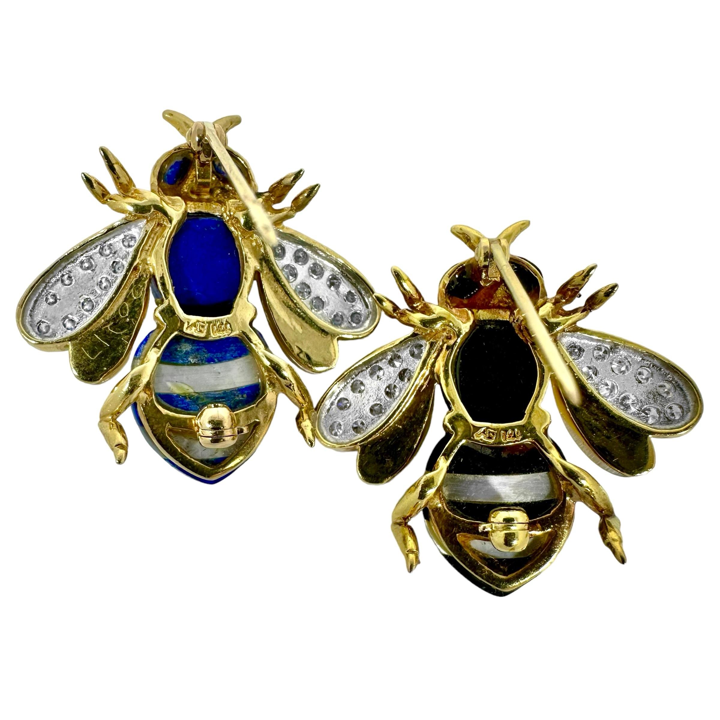 Pair of Stone Inlay Bumble Bee Pins in Gold w/ Diamond Wings by Asch Grossbardt For Sale 1