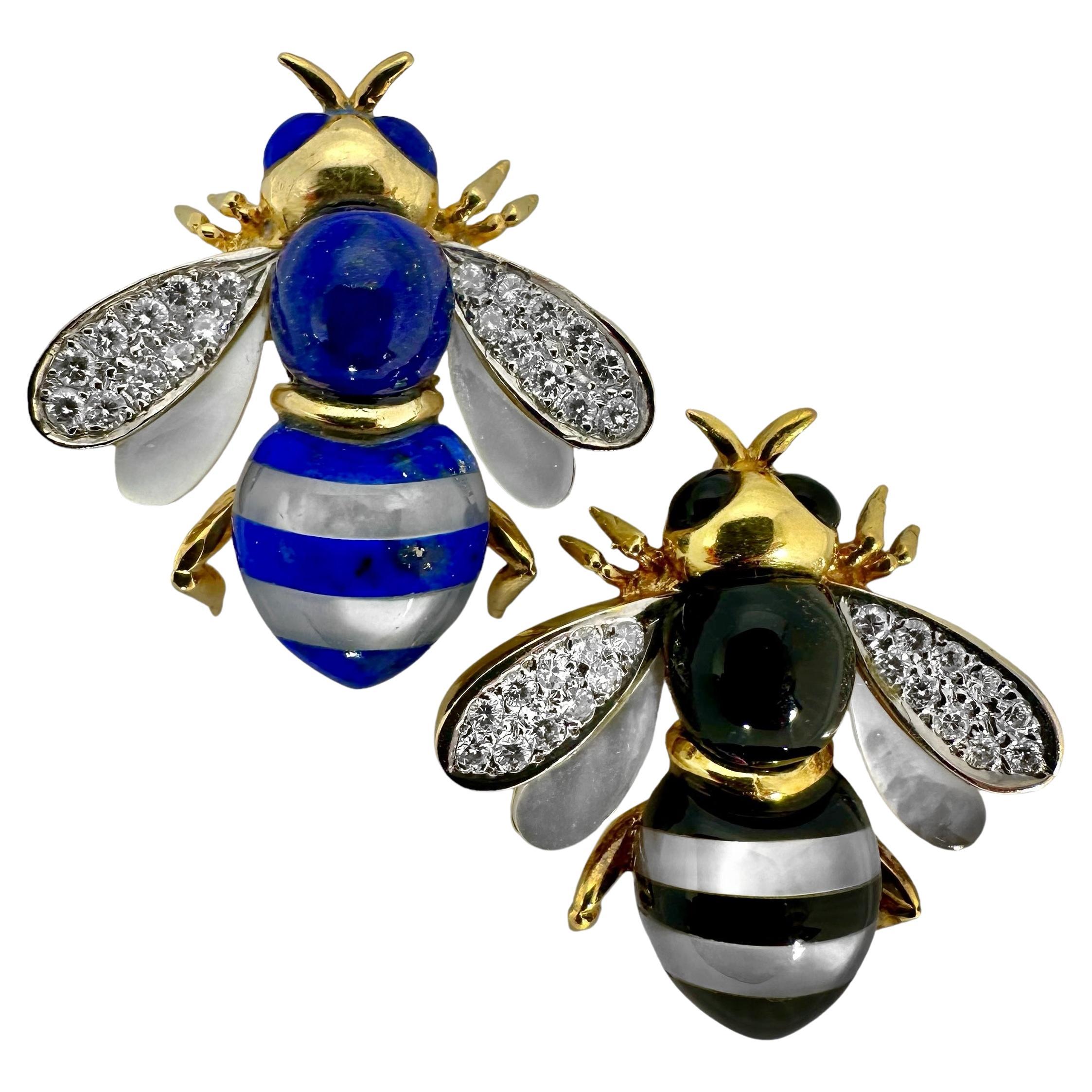 Pair of Stone Inlay Bumble Bee Pins in Gold w/ Diamond Wings by Asch Grossbardt For Sale
