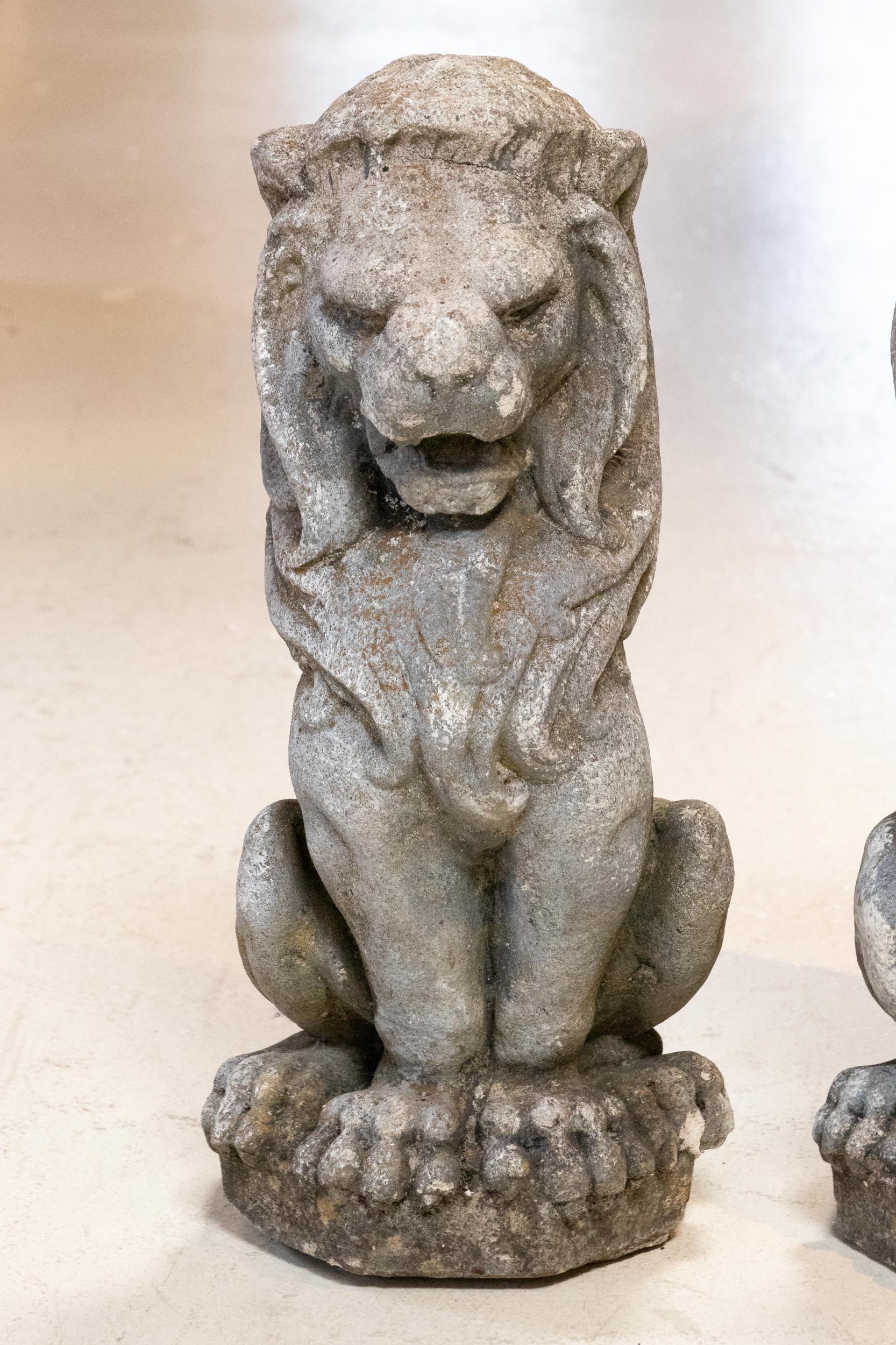 French Pair of Stone Lion Garden Ornaments