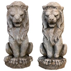 Antique Pair of Stone Lion Garden Ornaments