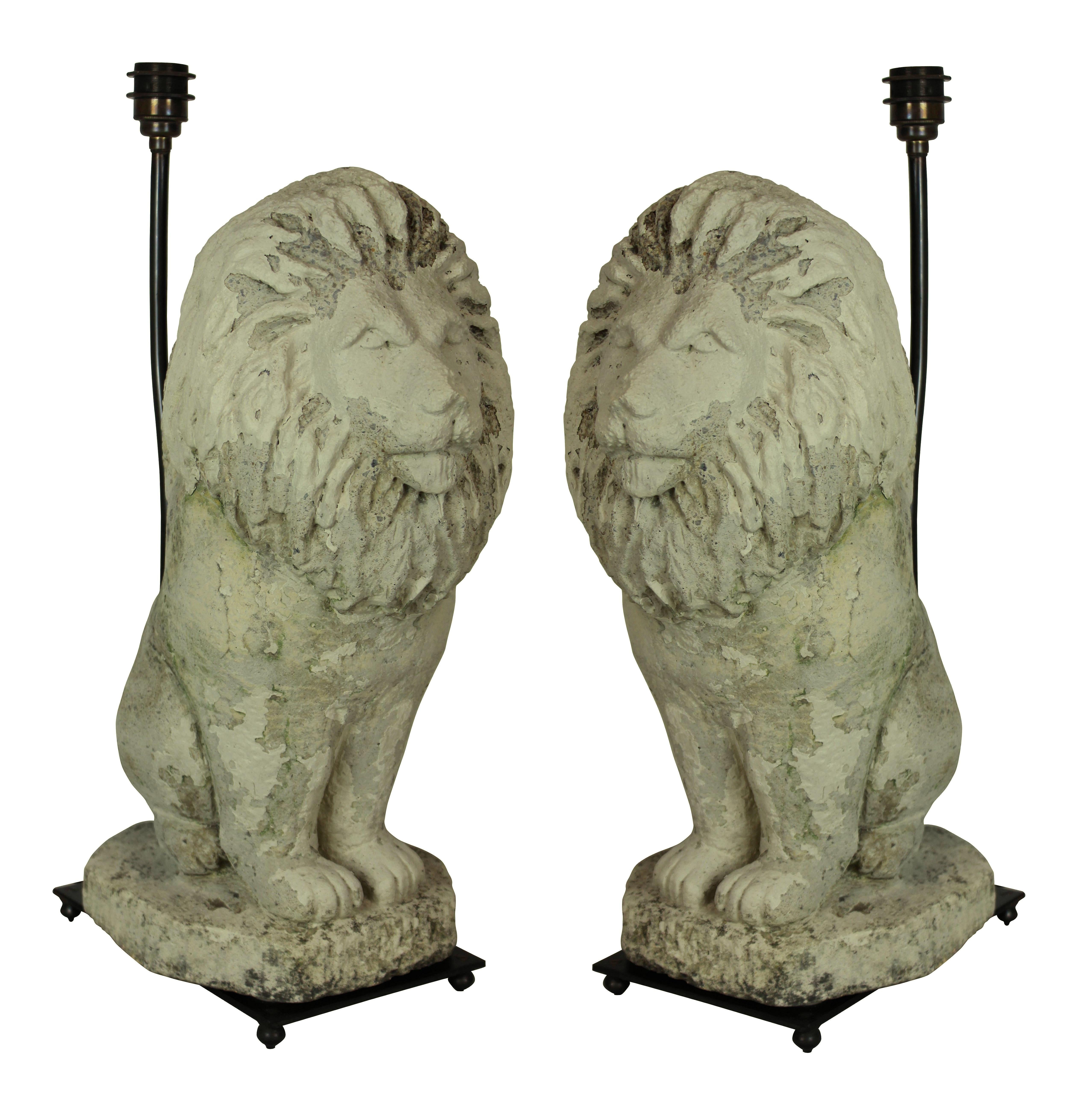 Pair of Stone Lion Lamps