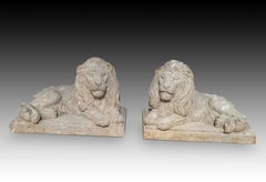 Pair of stone sculptures. “Lying lions”.