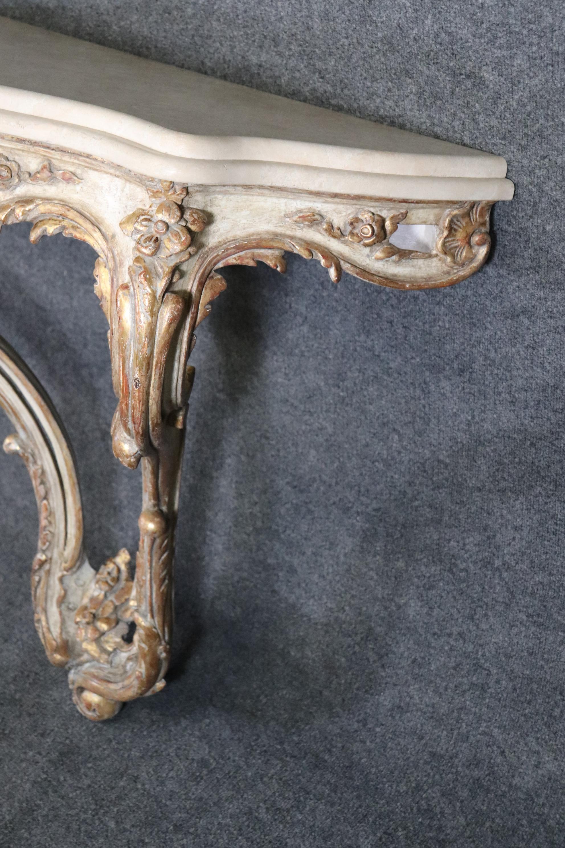Mid-20th Century Pair of Stone Top Carved French Louis XV Style Wall Mounted Consoles