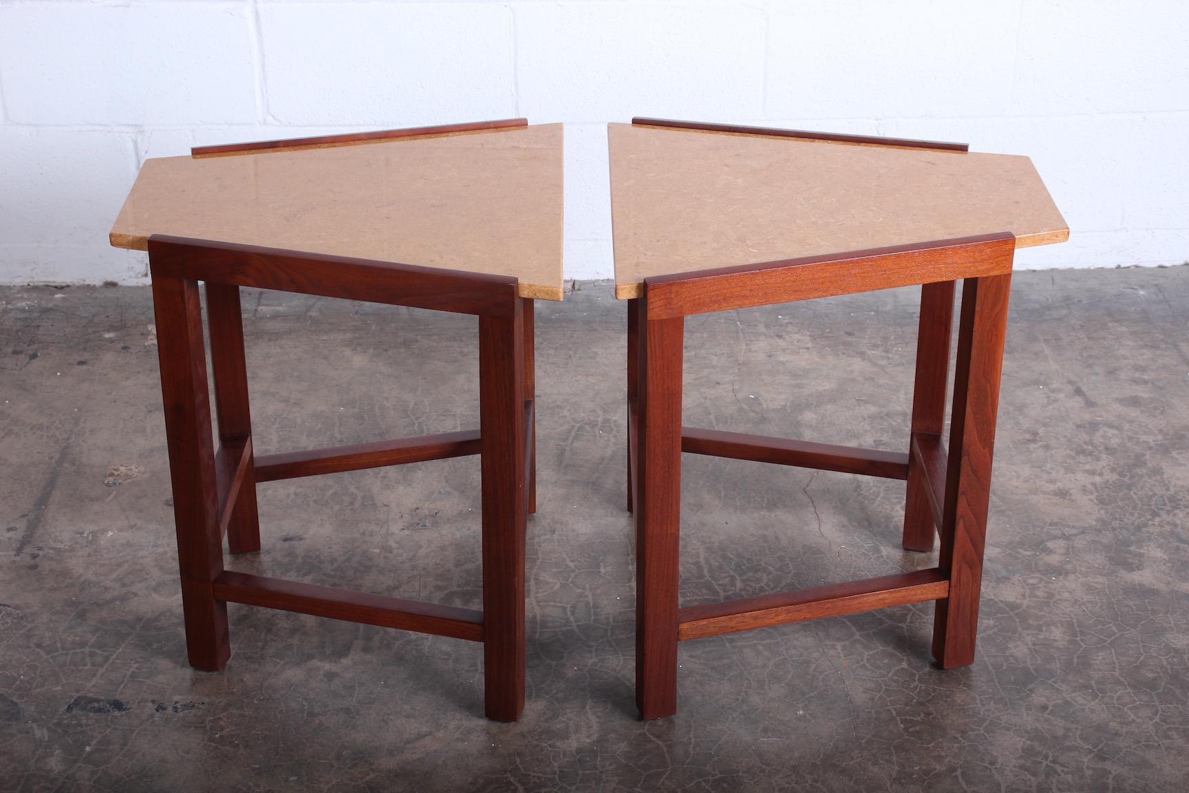 Pair of Stone Top Dunbar Wedge Tables For Sale 3