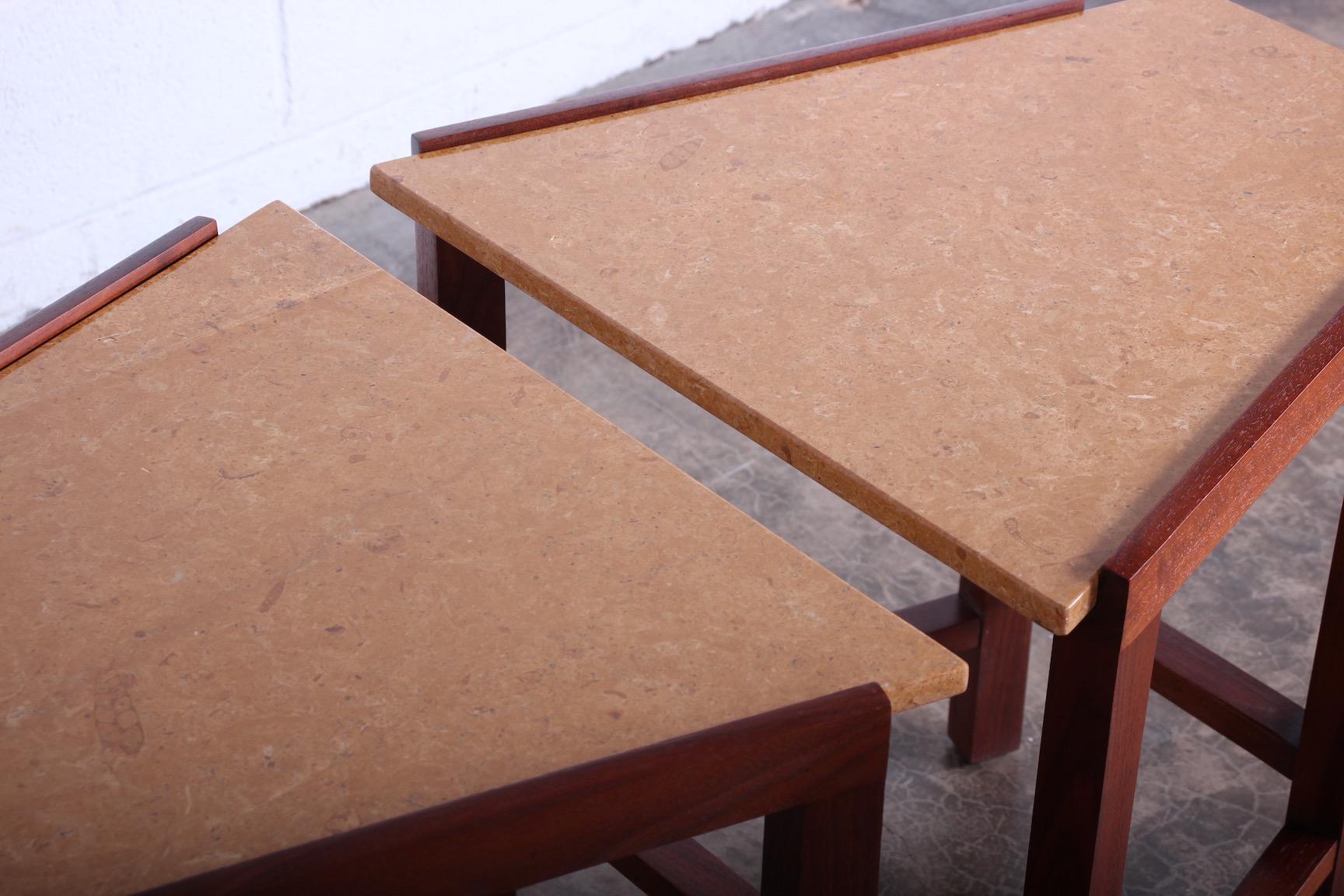 Pair of Stone Top Dunbar Wedge Tables For Sale 7