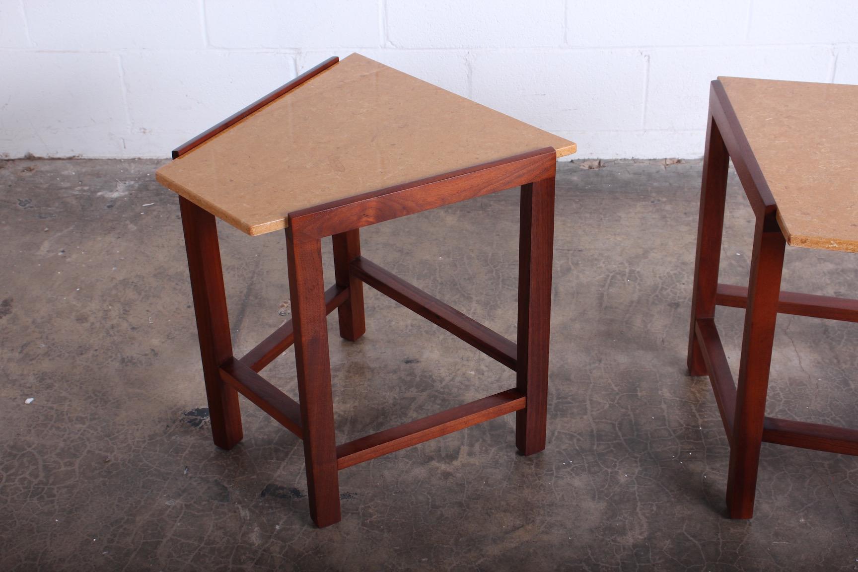 Pair of Stone Top Dunbar Wedge Tables In Good Condition For Sale In Dallas, TX