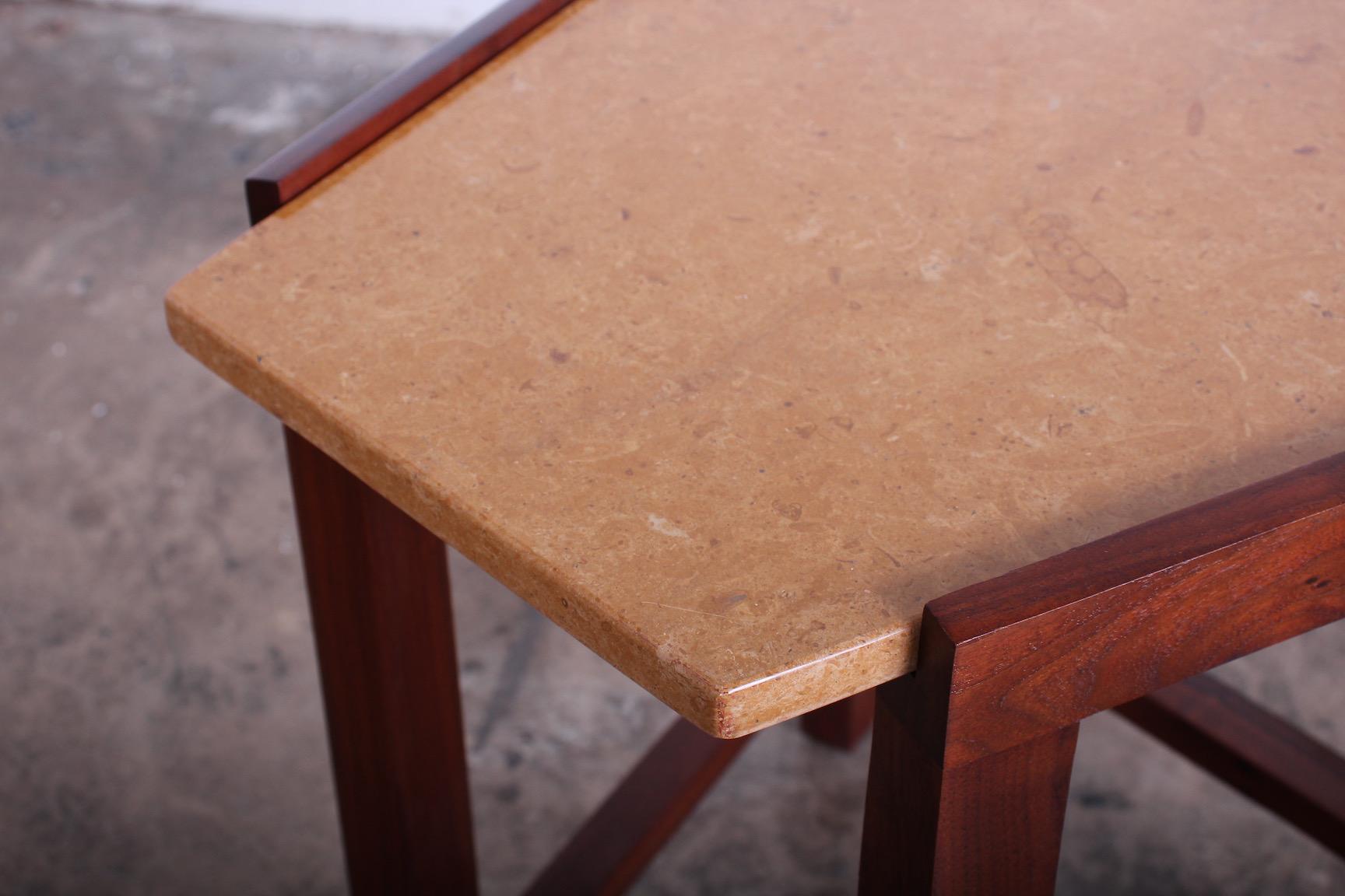 Walnut Pair of Stone Top Dunbar Wedge Tables For Sale