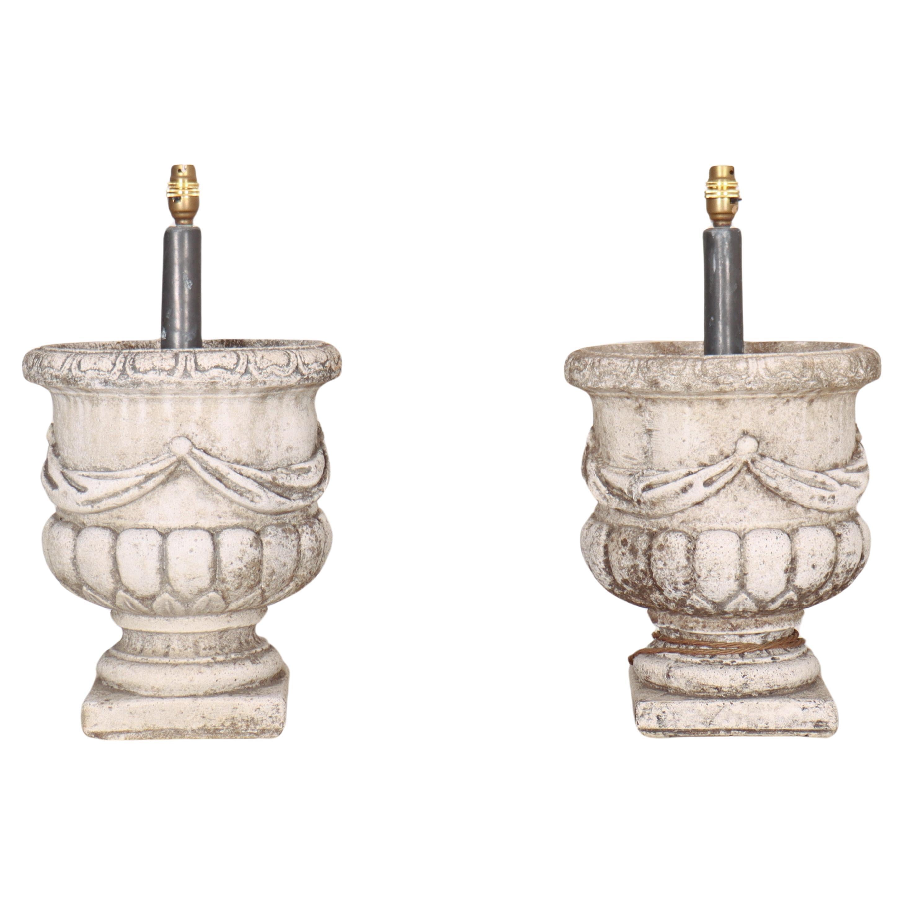 Pair of Stone Urn Lamps For Sale