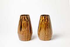 Paire de vases en céramique marron et noire en grès de Joseph Talbot La Borne, 1940