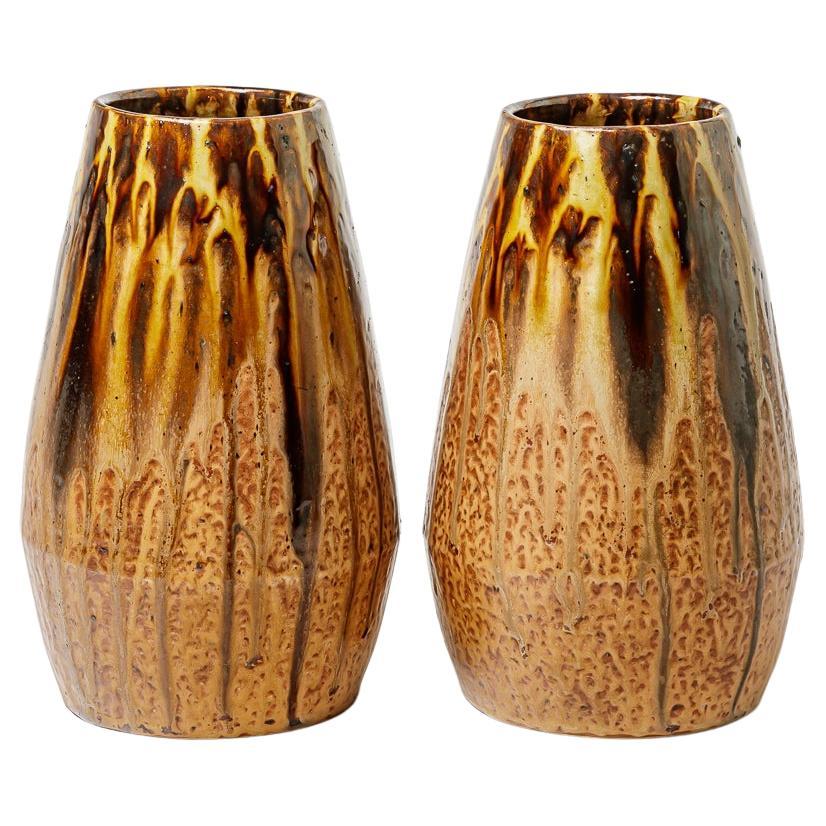 Pair of Stoneware Brown and Black Ceramic Vases by Joseph Talbot La Borne 1940 For Sale