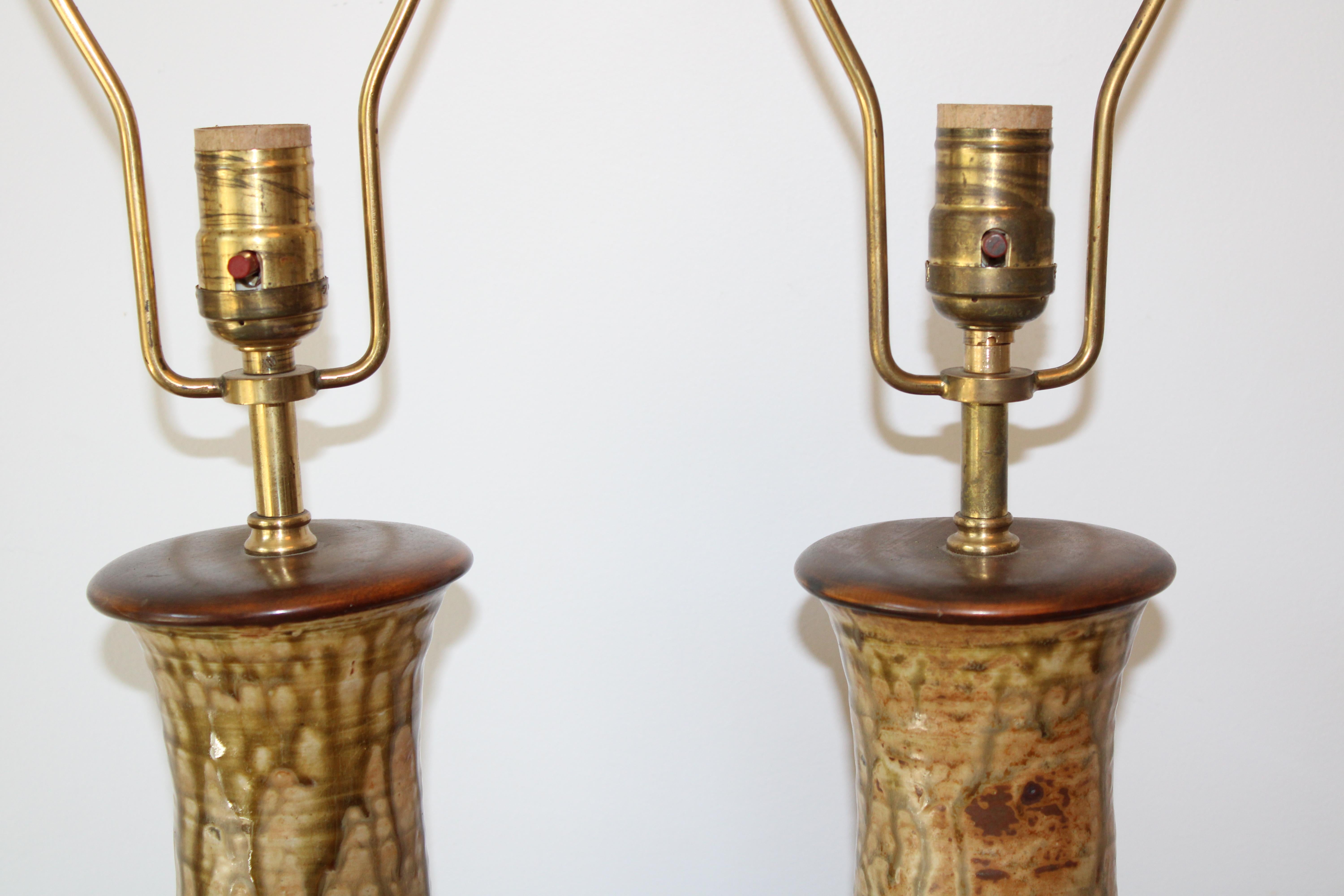 Mid-20th Century Pair of Stoneware Lamps with Olive Green Drip Glaze For Sale