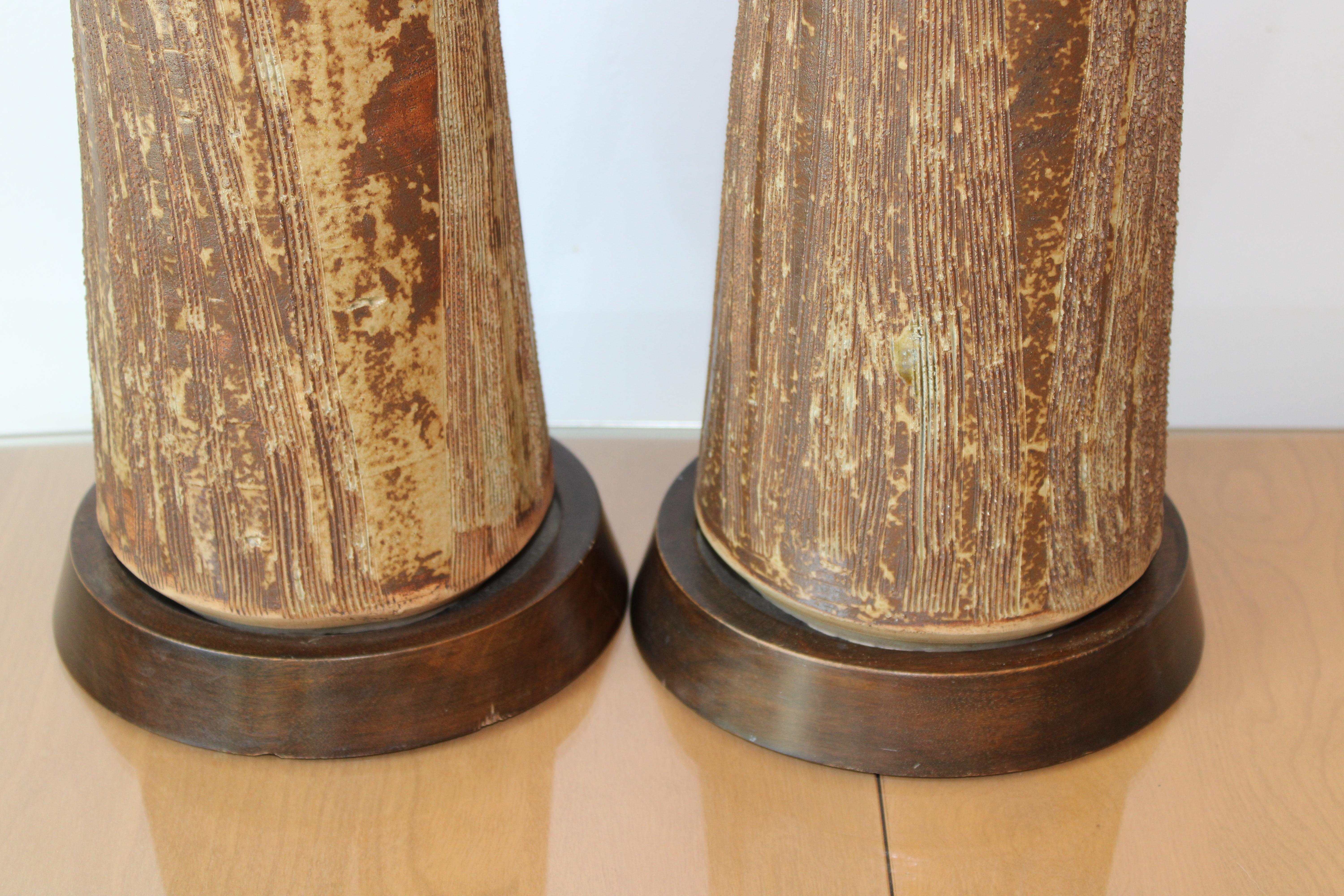 Brass Pair of Stoneware Lamps with Olive Green Drip Glaze For Sale