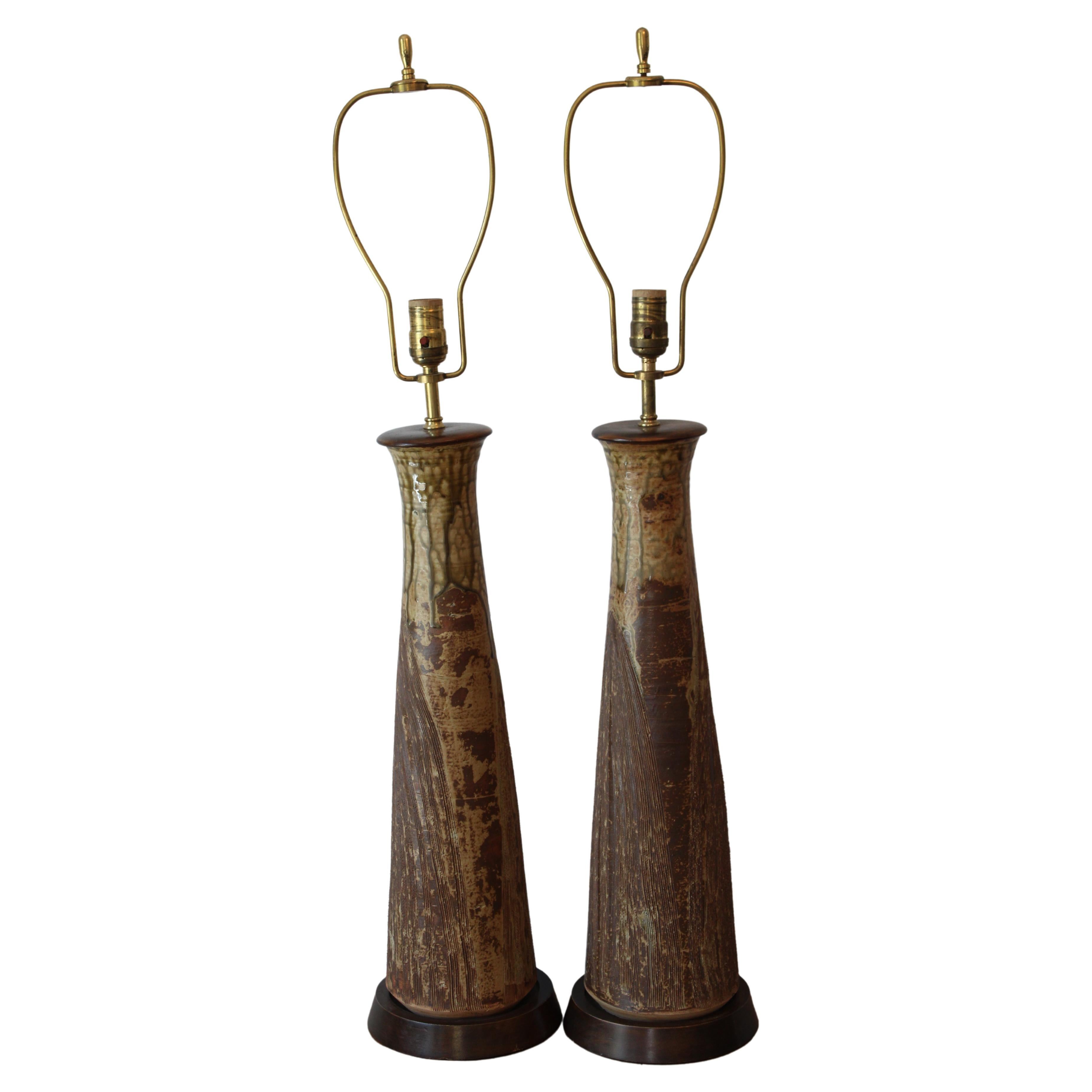 Pair of Stoneware Lamps with Olive Green Drip Glaze For Sale