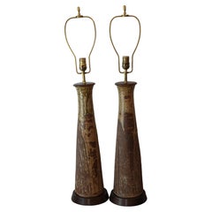 Retro Pair of Stoneware Lamps with Olive Green Drip Glaze