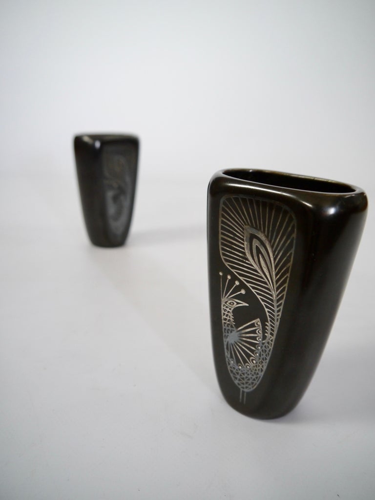 Swedish Pair of Stoneware Vases Peacock Decor by Gustavsberg, Sweden, 1950s For Sale
