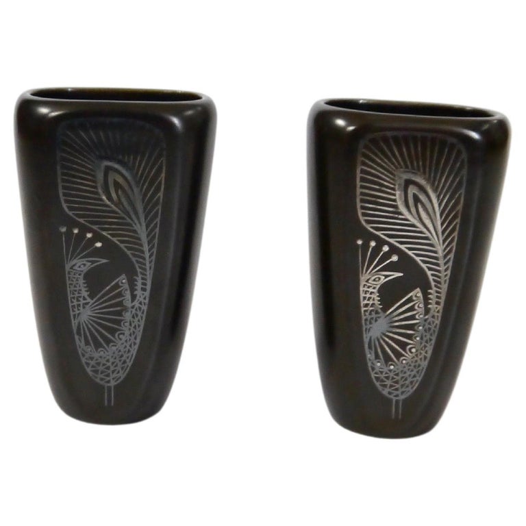Pair of Stoneware Vases Peacock Decor by Gustavsberg, Sweden, 1950s For Sale