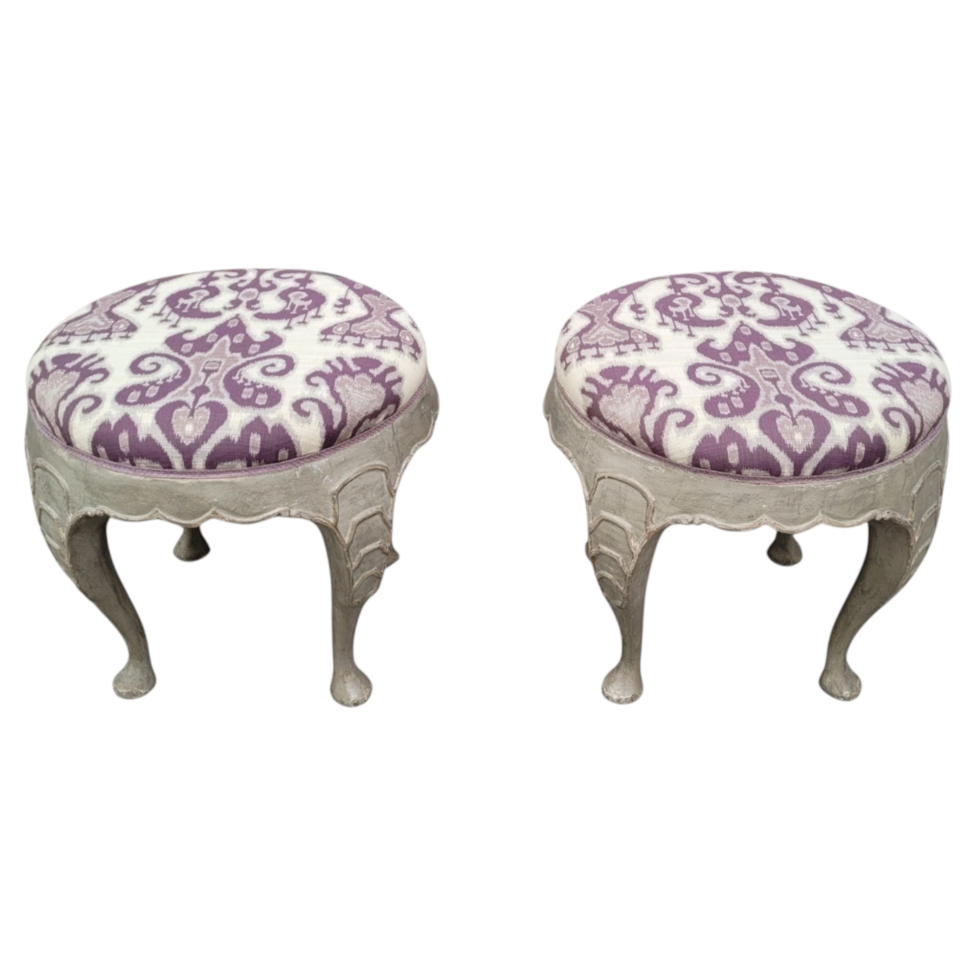 Pair of stools, Baroque ottomans, carved and polychrome wood, Baroque, Sweden For Sale