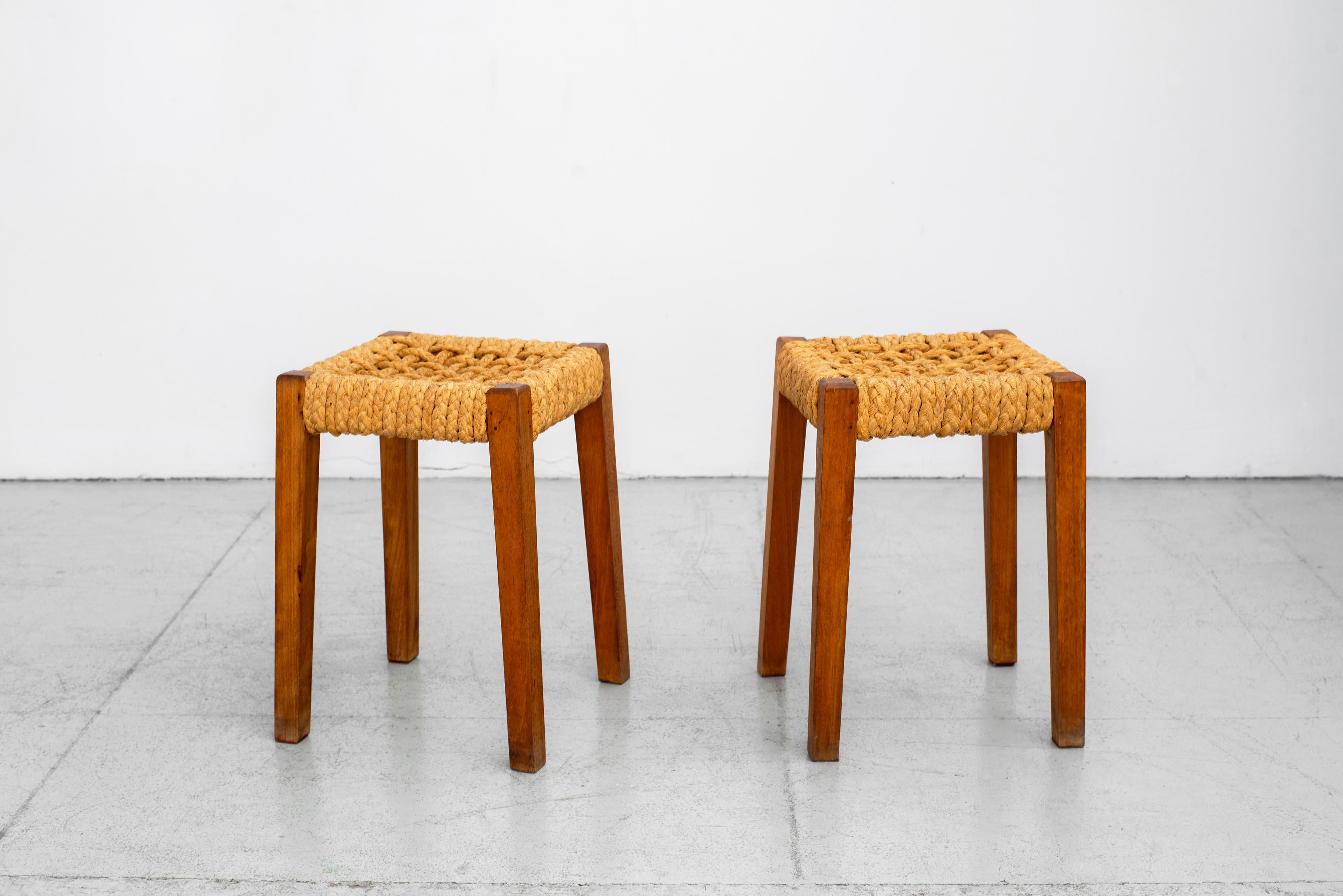 Wonderful pair of stools by Audoux Minet
rope seat with oakwood legs,
France, circa 1940s.
     