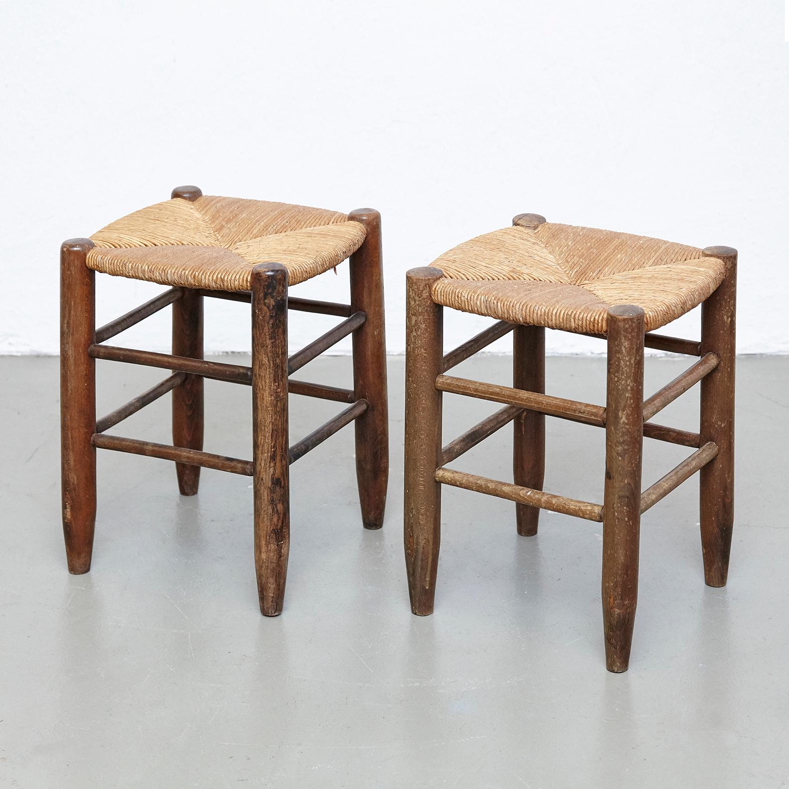 Pair of Charlotte Perriand, Mid Century Modern, Rattan Wood French Stools, 1950 2