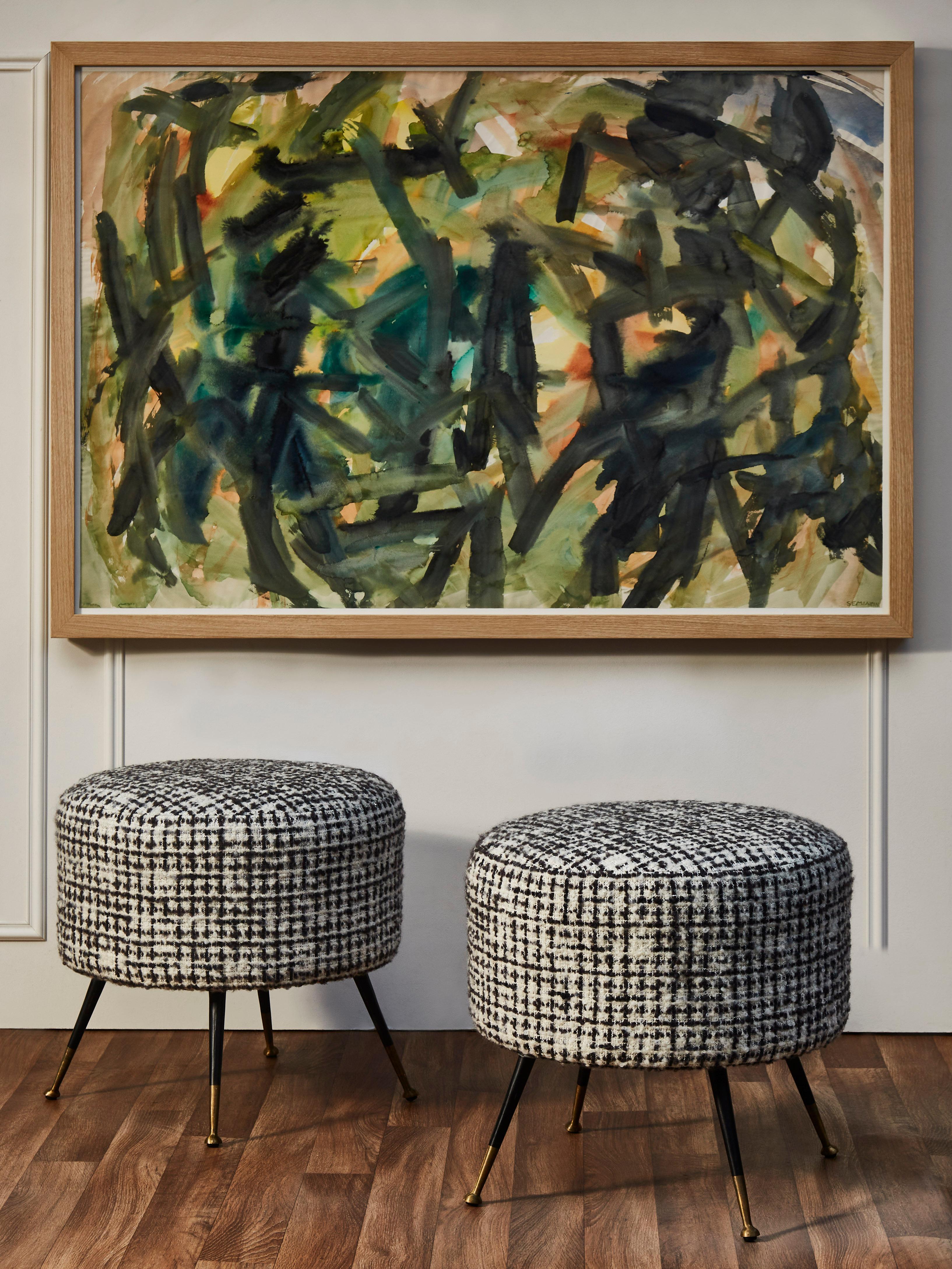 Pair of stools with 4 black lacquered steel and brass feet, and seating upholstered with a Dédar fabric.
Creation by Studio Glustin, France.