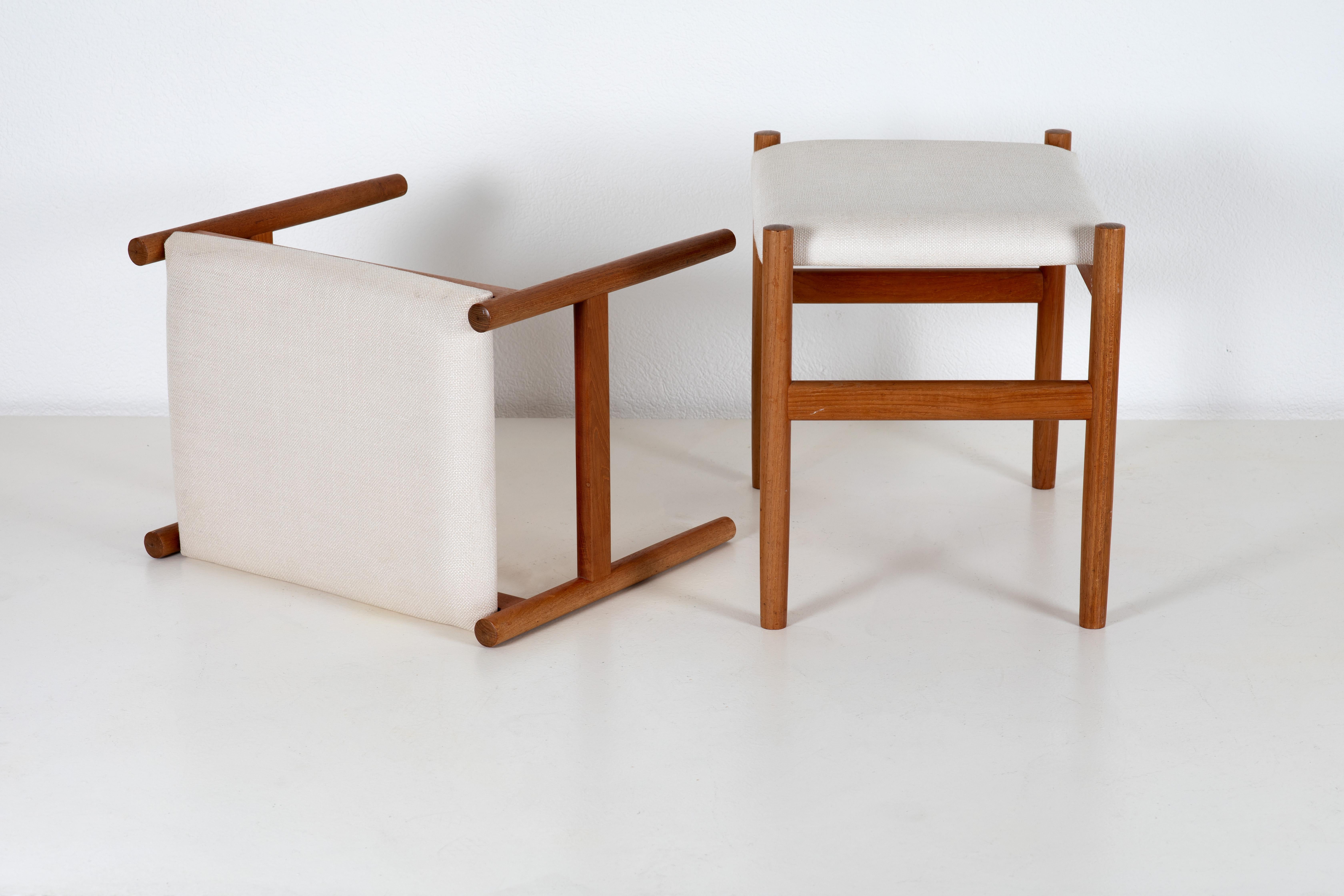 This Pair of Stools, designed by Hugo Frandsen and produced by Spottrup Stolefabrik in Denmark during the 1960s, exemplifies the elegant simplicity of Scandinavian design. Made from teak wood, known for its durability and rich color, the stools